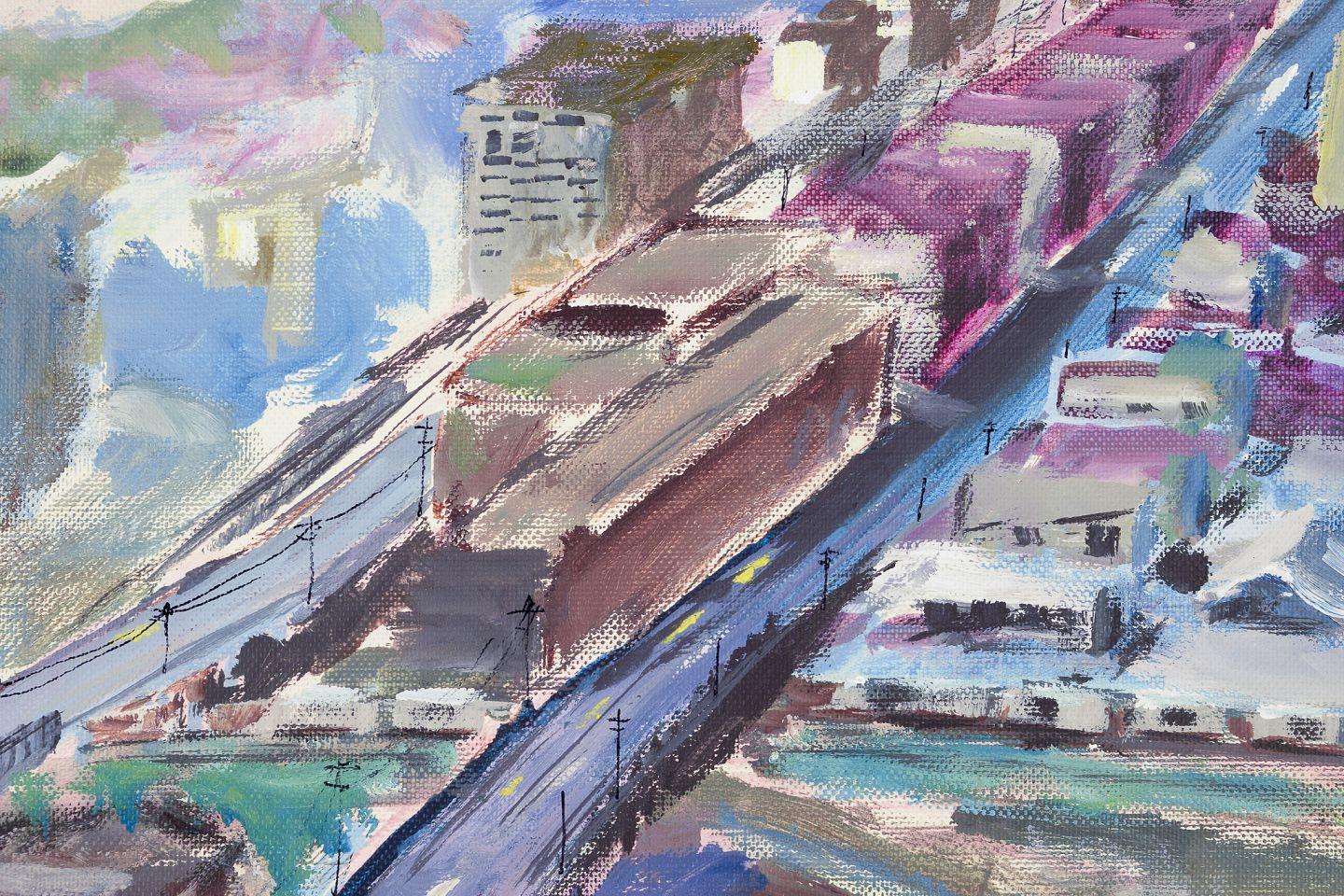 Modern Staffan Freeman. Oil on board. ‘View from Troy Tower’ Urban cityscape. For Sale