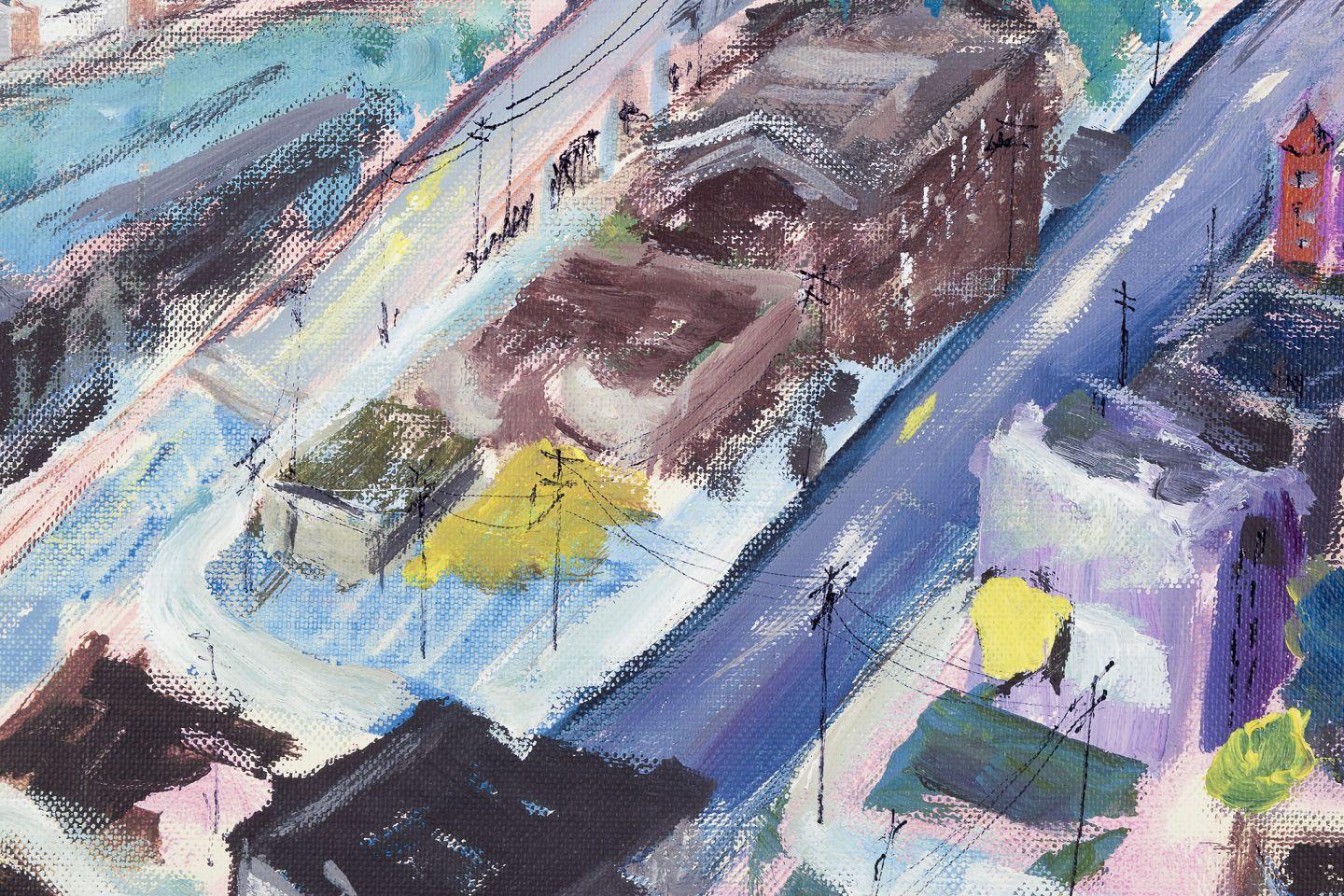 Swedish Staffan Freeman. Oil on board. ‘View from Troy Tower’ Urban cityscape. For Sale