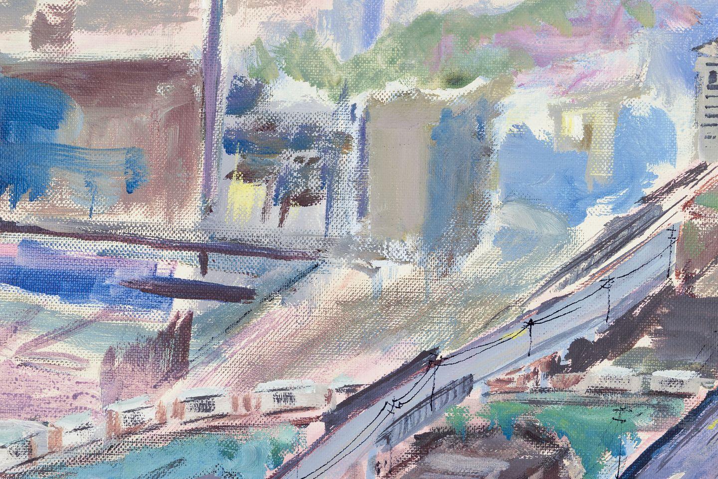Staffan Freeman. Oil on board. ‘View from Troy Tower’ Urban cityscape. In Excellent Condition For Sale In København, Copenhagen