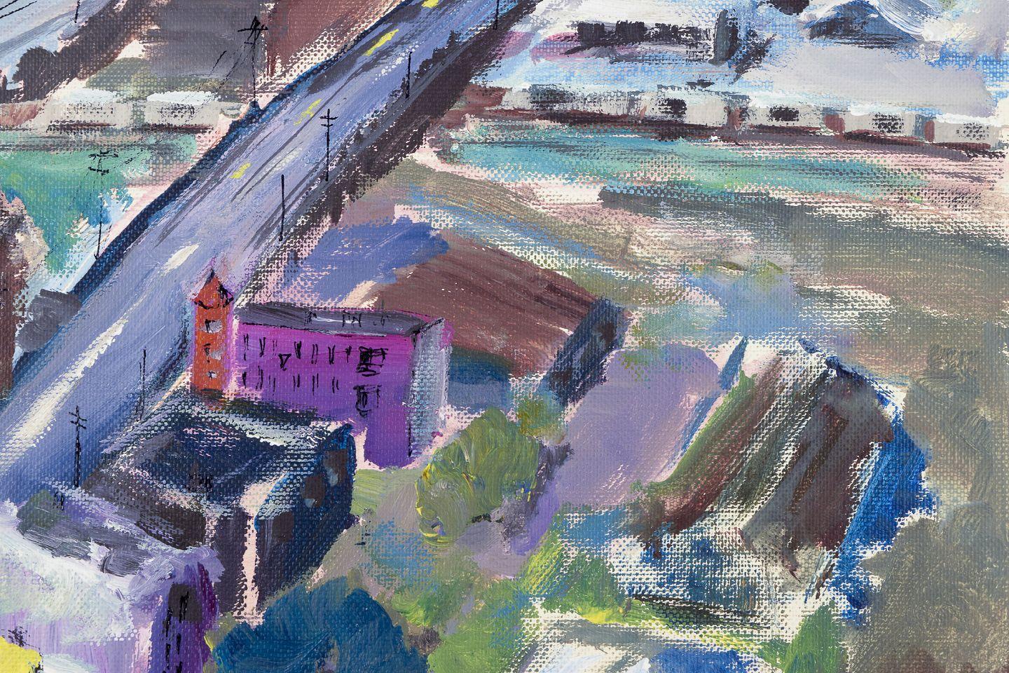 Late 20th Century Staffan Freeman. Oil on board. ‘View from Troy Tower’ Urban cityscape. For Sale