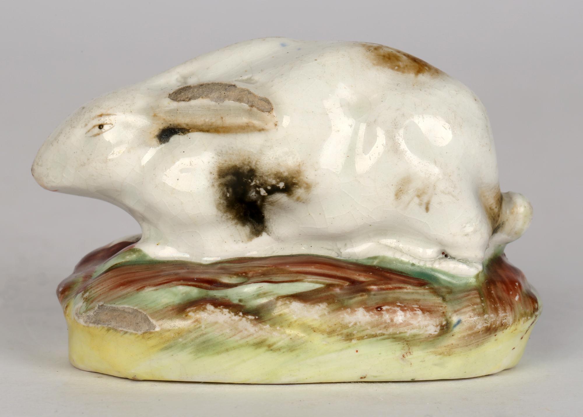 Staffordshire Antique Hand Painted Pottery Rabbit Figure In Fair Condition In Bishop's Stortford, Hertfordshire