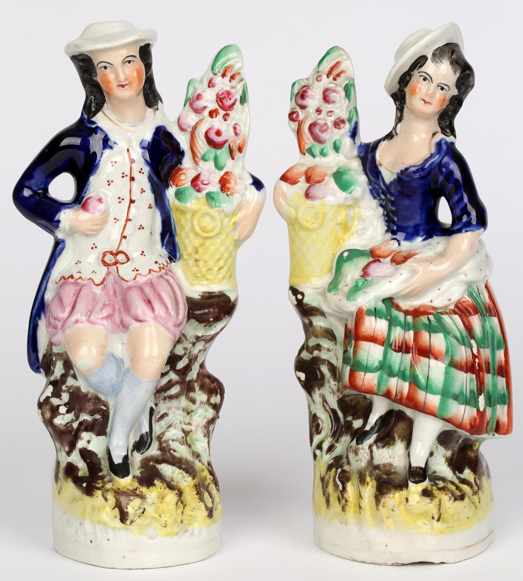 Mid-19th Century Staffordshire Antique Pair Figures with Baskets Containing Flowers For Sale