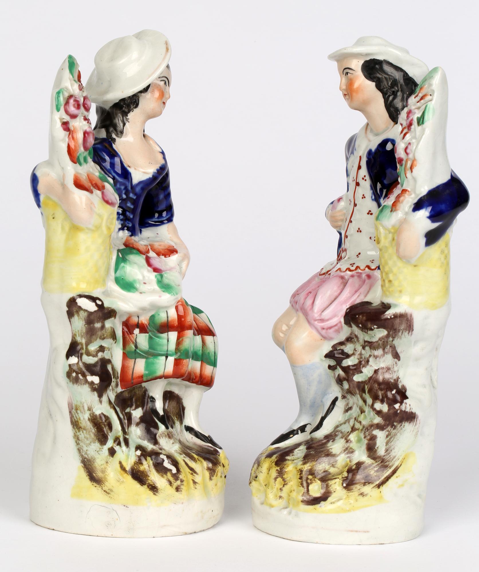 Staffordshire Antique Pair Figures with Baskets Containing Flowers For Sale 4