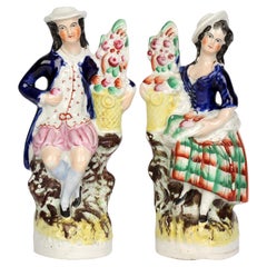 Staffordshire Antique Pair Figures with Baskets Containing Flowers