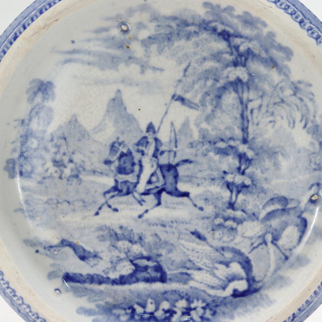 Staffordshire Blue Transfer Pottery Teapot Trivet in the Ostrich Hunt Pattern In Good Condition For Sale In Philadelphia, PA