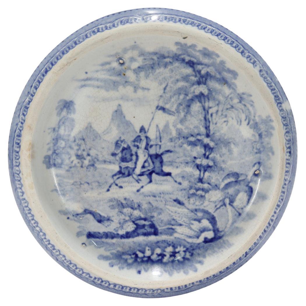 Staffordshire Blue Transfer Pottery Teapot Trivet in the Ostrich Hunt Pattern For Sale
