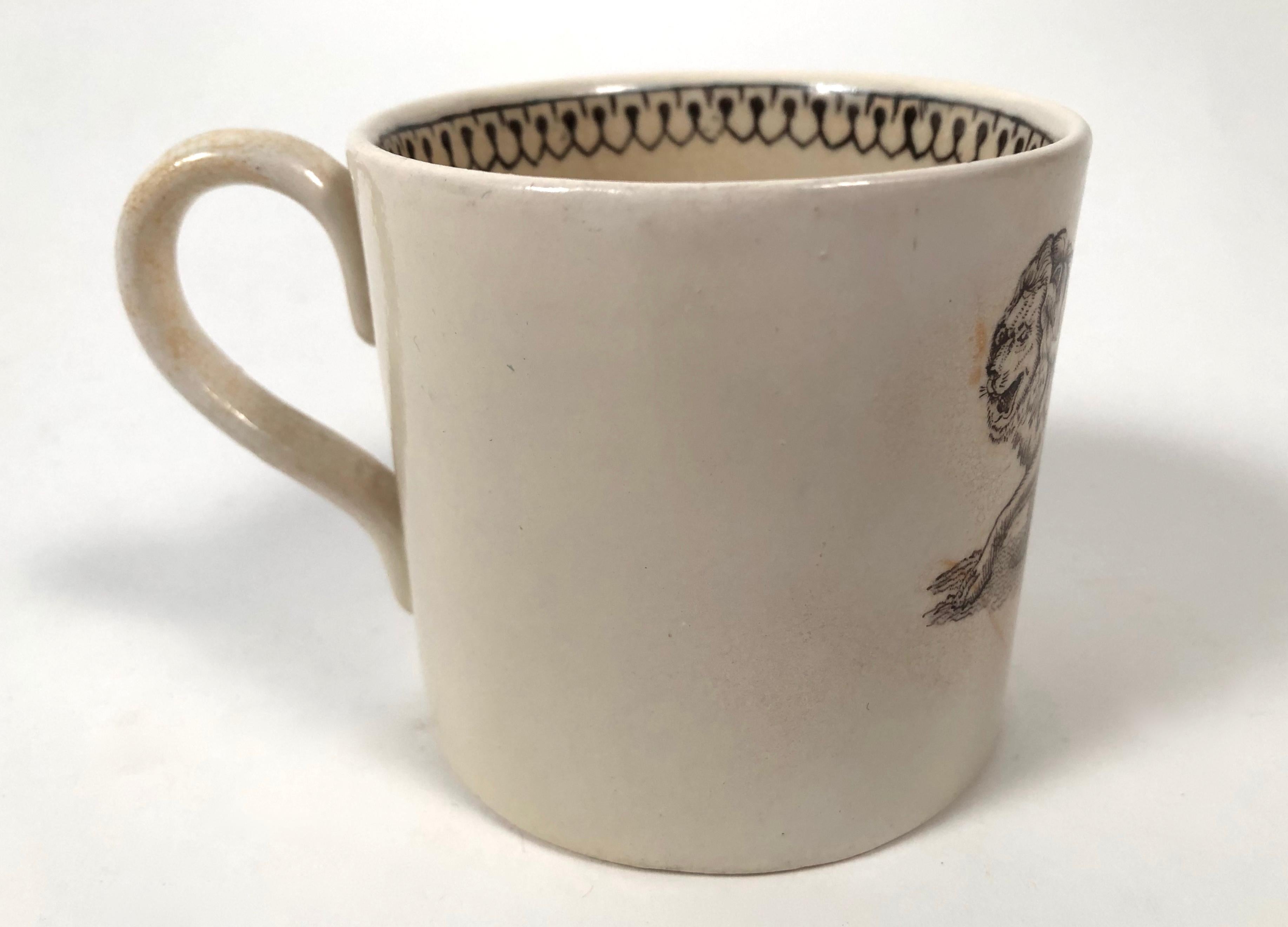 19th Century Staffordshire Child's Mug Decorated with a Striding Lion In Good Condition In Essex, MA