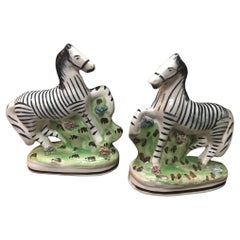 Staffordshire Circa 1840 Pair of Porcelain Flatback African Zebras
