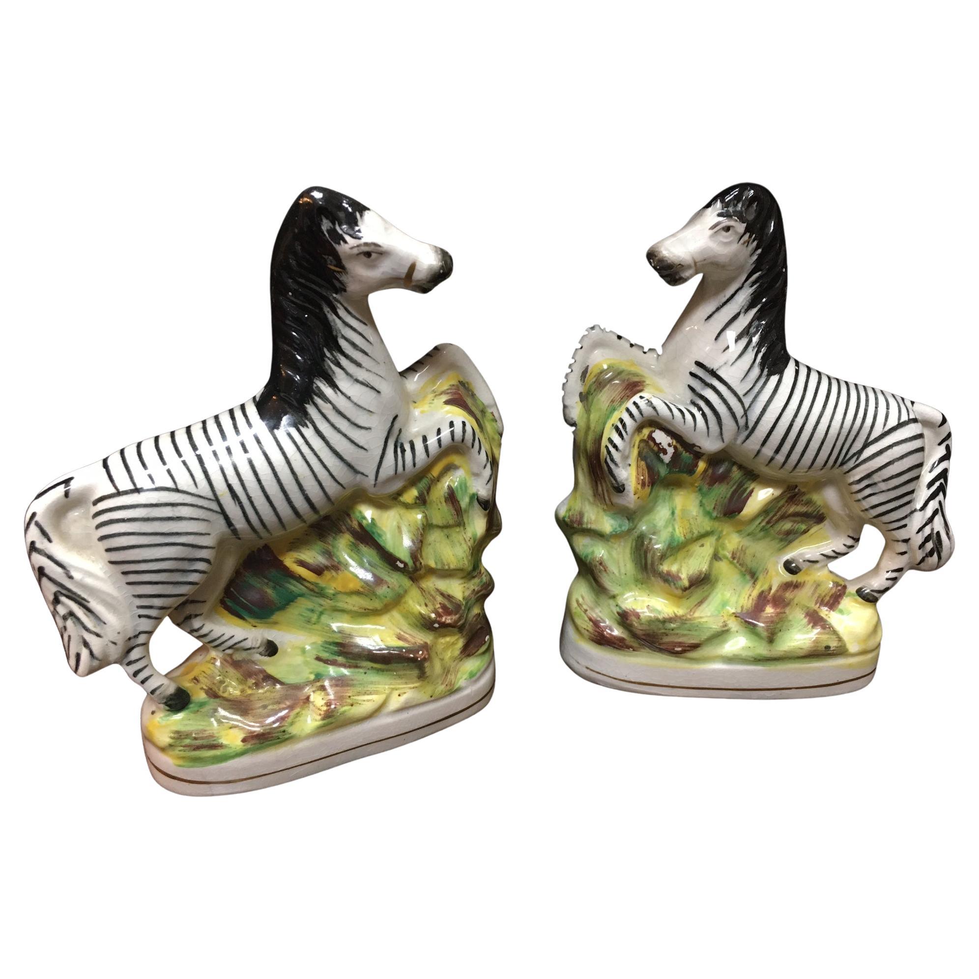 Staffordshire Circa 1880 Pair of Porcelain Flatback African Zebras