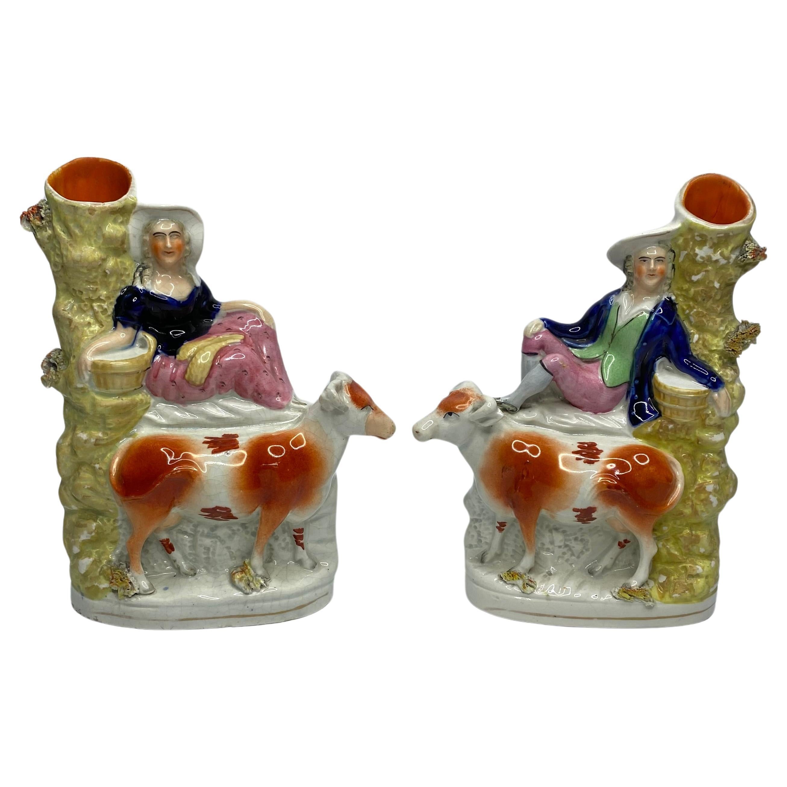 Staffordshire cow spill vases, c. 1860. For Sale