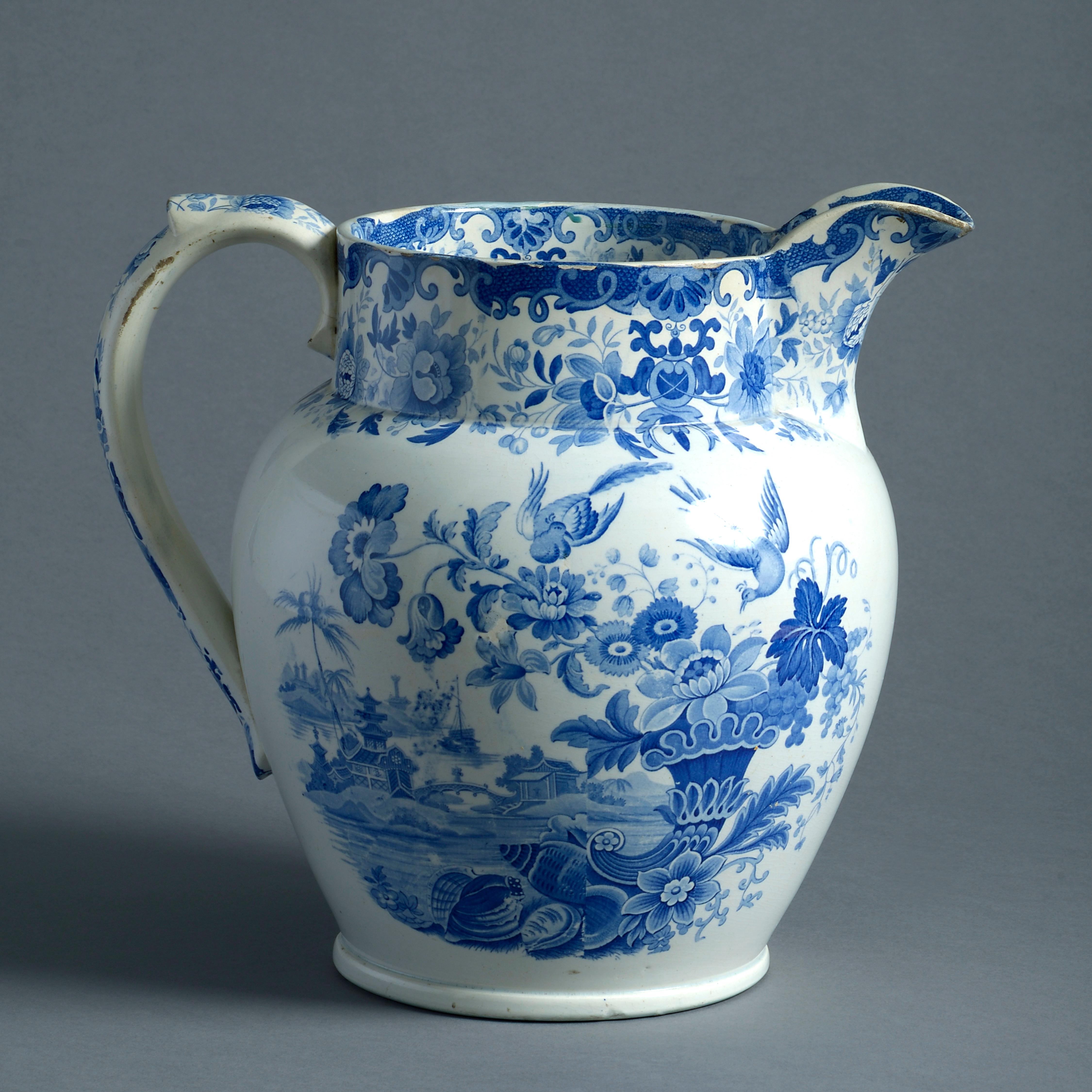 A large Staffordshire transfer-printed creamware jug, circa 1830.