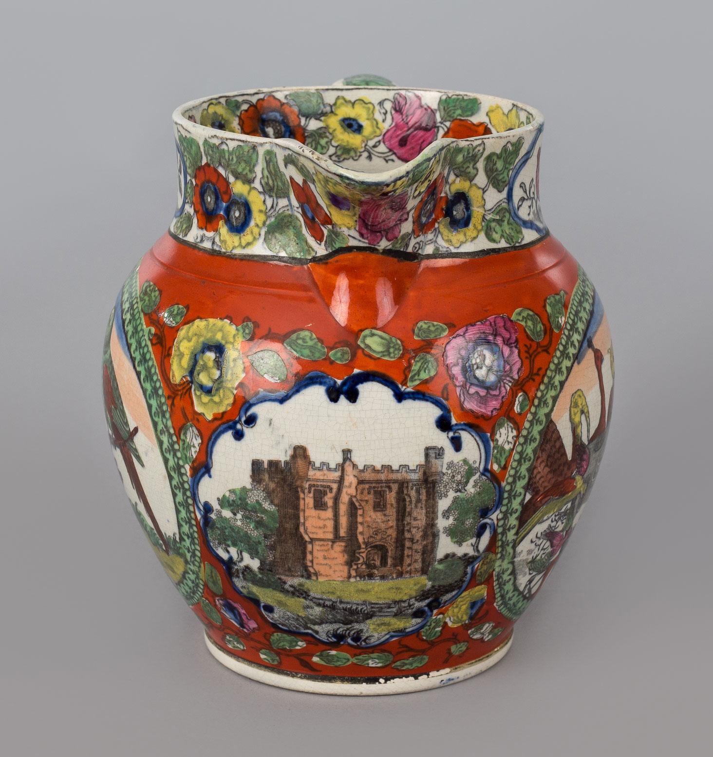 An unusual, charming and delightful small Staffordshire polychrome creamware jug decorated with two oval panels; one with an owl, swan, turkey, peacock, stork, birds eating at a table, the back panel depicts two parrots perched on a tree trunk. The