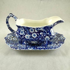 Staffordshire Crownford China Blue Calico Gravy Boat & Underplate