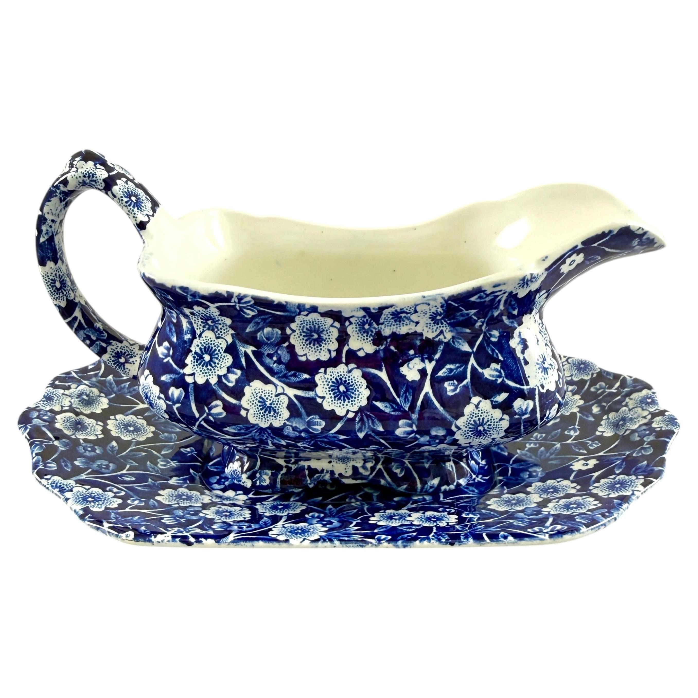 Staffordshire Crownford China Blue Calico Gravy Boat & Underplate