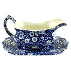 Staffordshire Crownford China Blue Calico Gravy Boat & Underplate