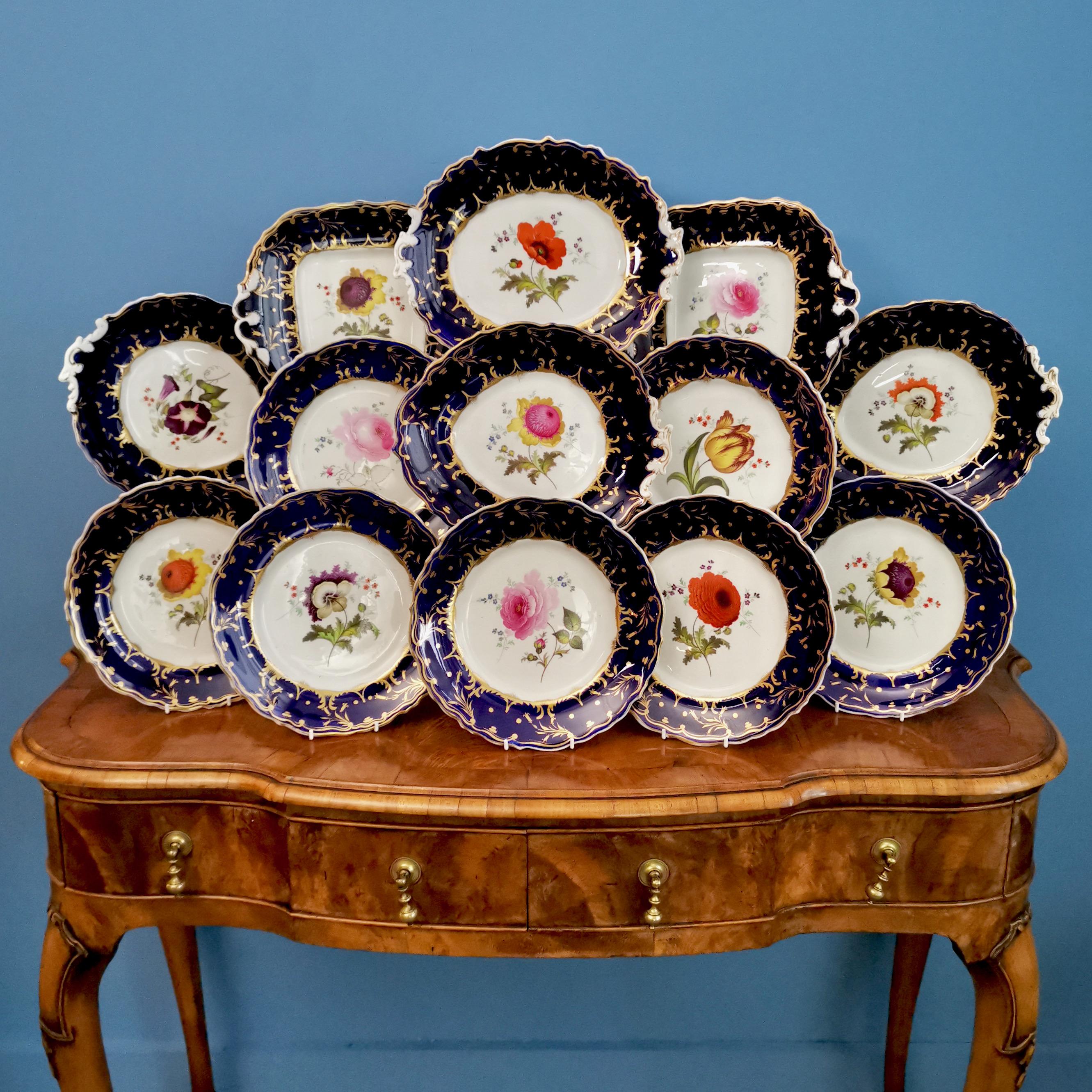 On offer is a dessert service made by a Staffordshire factory in circa 1830. The service might be made by Samuel Alcock but there is no proof of this. The items have a deep cobalt blue ground and stunning botanical paintings. The service consists of