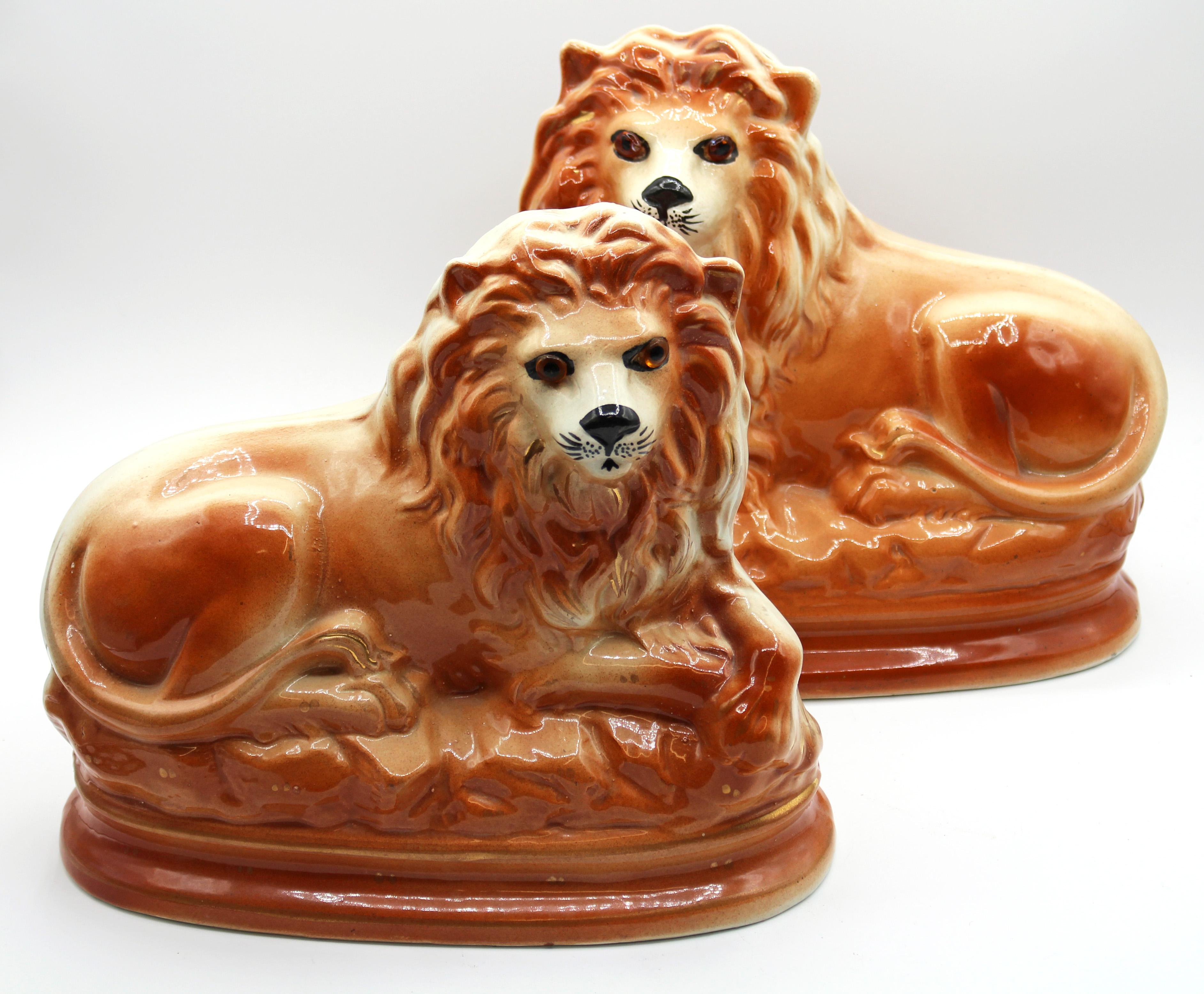 Late Victorian Staffordshire District or Scotland Recumbent Lion Mantle Guardians