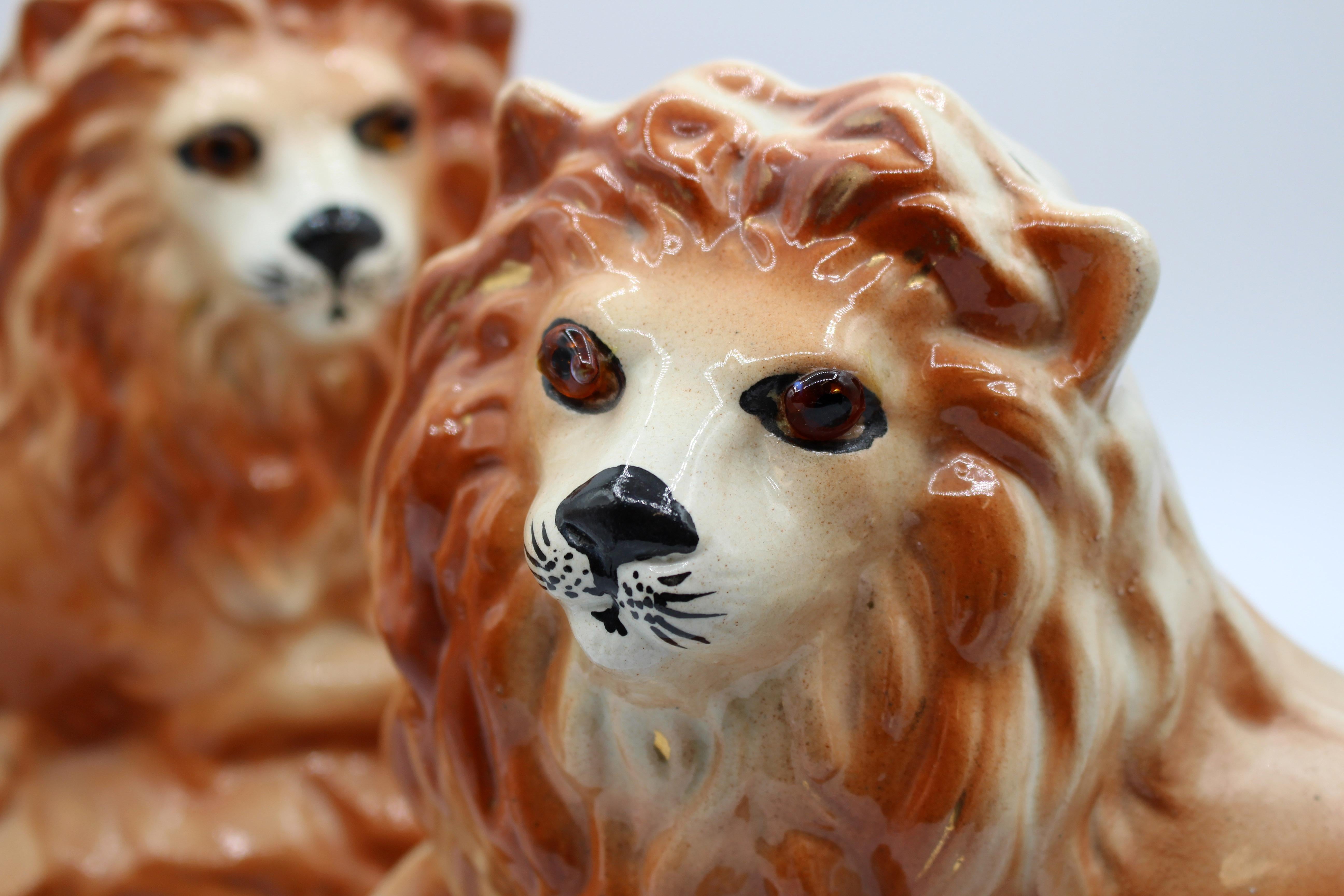 19th Century Staffordshire District or Scotland Recumbent Lion Mantle Guardians