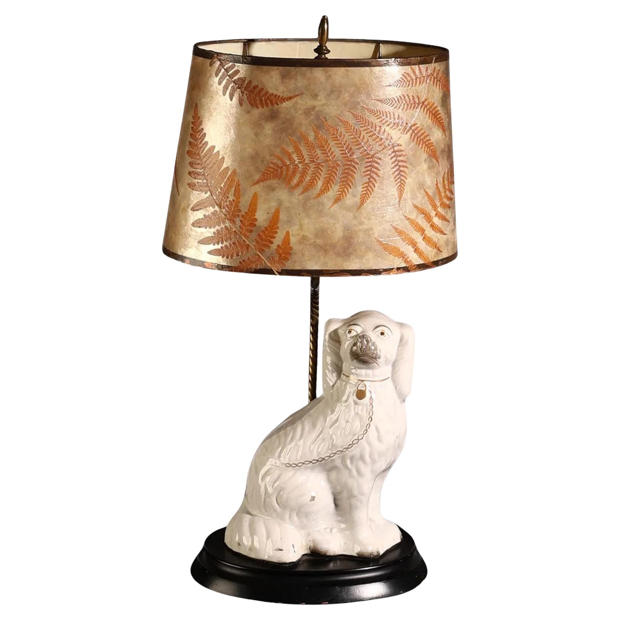Staffordshire Dog Table Lamp with Botanical Fern Lampshade, England For Sale