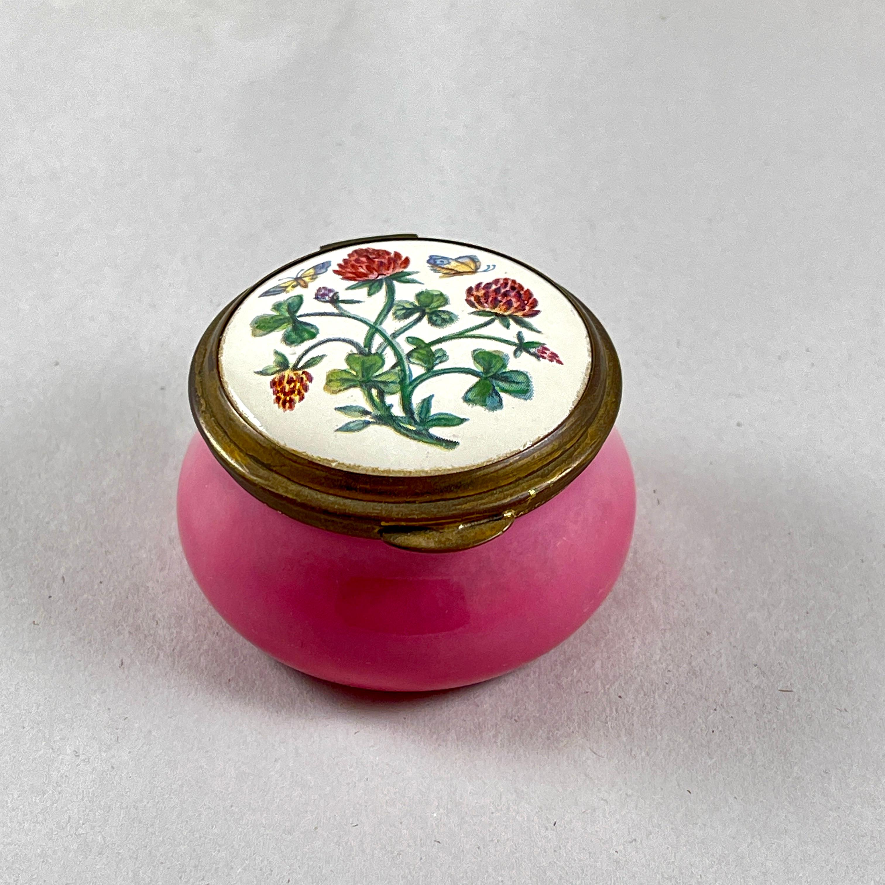 Caja de baratijas trébol rosa Old Hall esmaltada de Staffordshire Inglés en venta