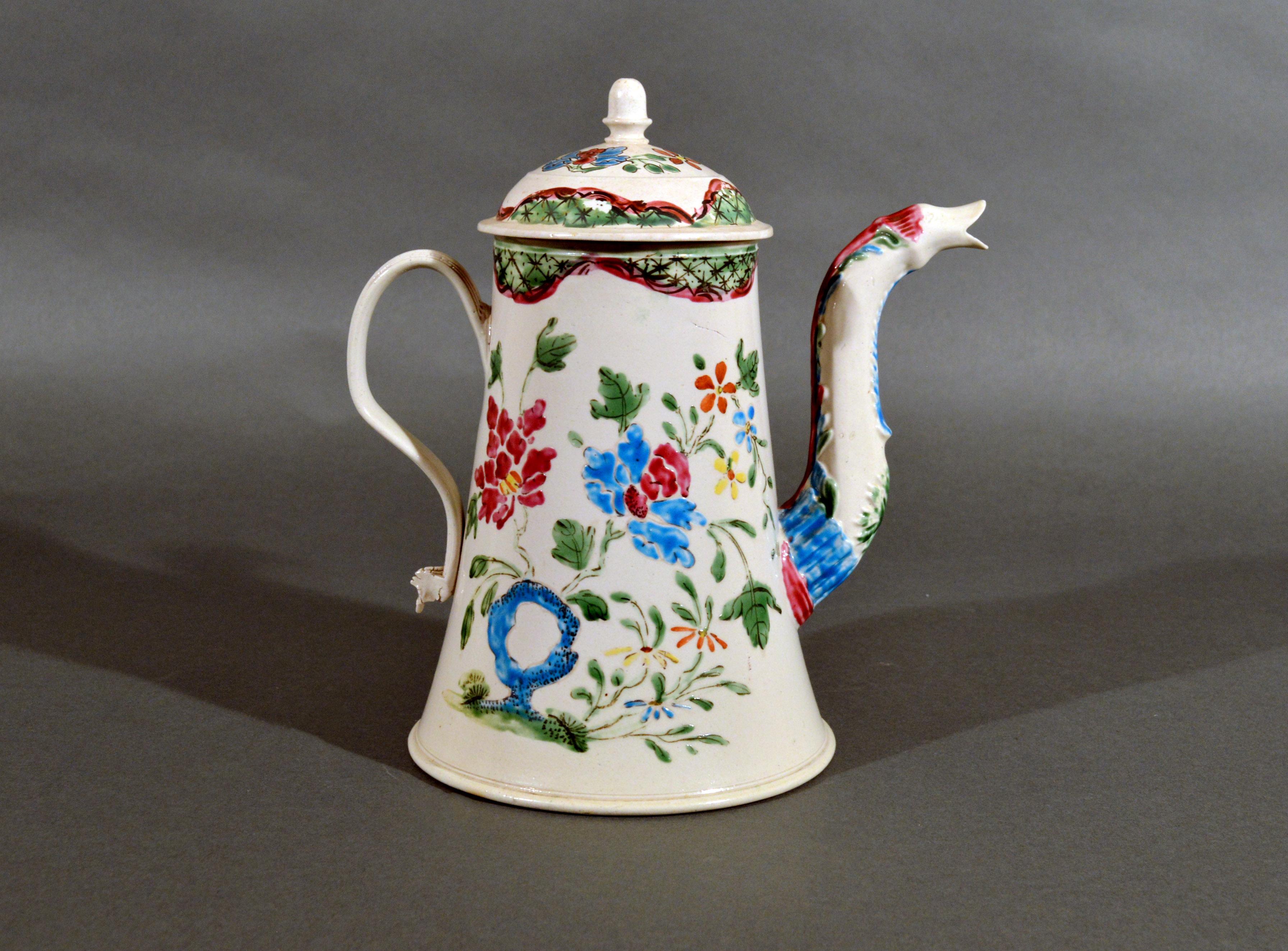 Staffordshire enameled salt glaze stoneware chinoiserie coffee pot and cover,
circa 1760, 
    

The pot with flaring foot is decorated with Chinese-style 