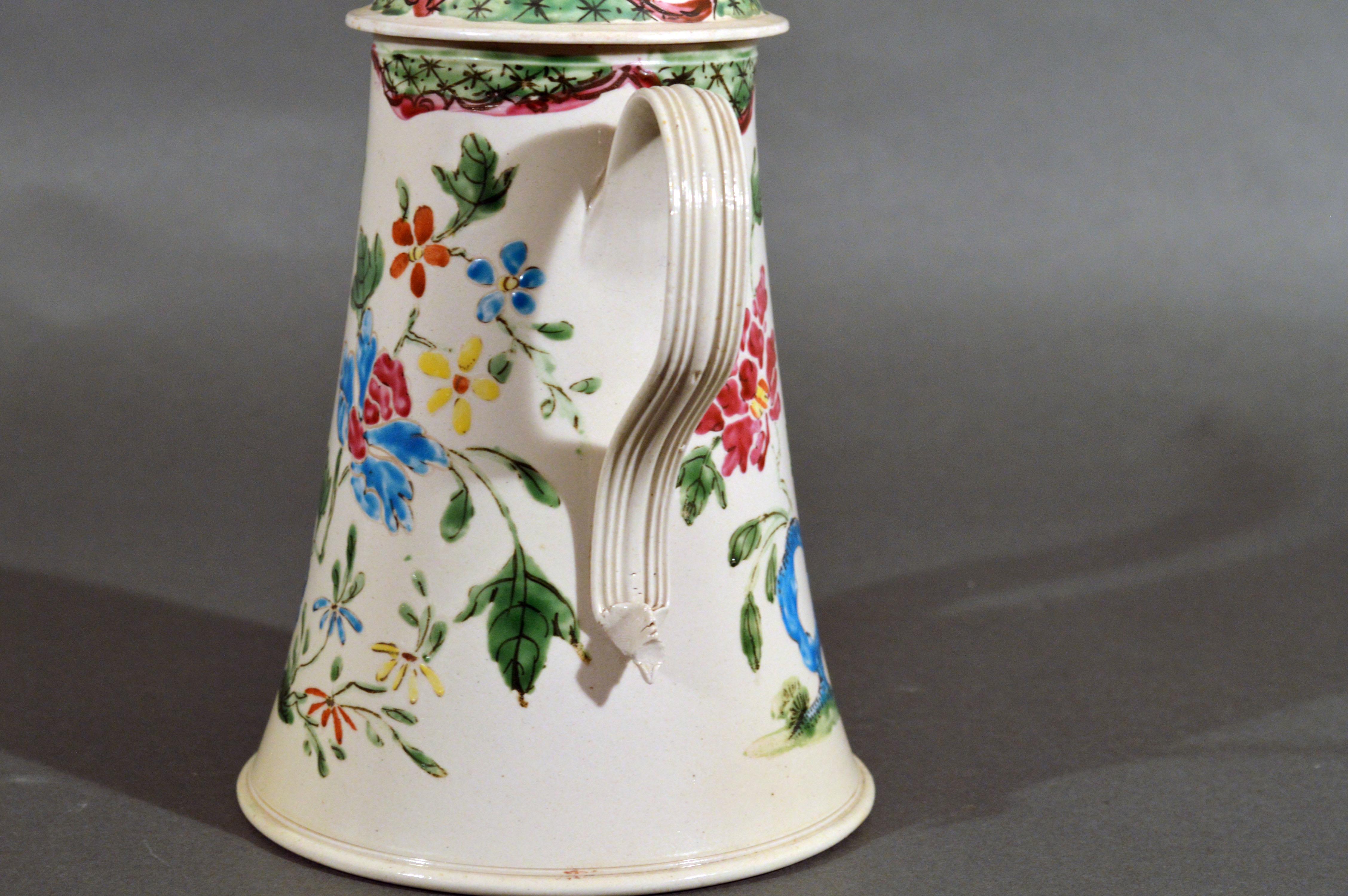 English Staffordshire Enameled Salt glaze Stoneware Chinoiserie Coffee Pot & Cover, Cir