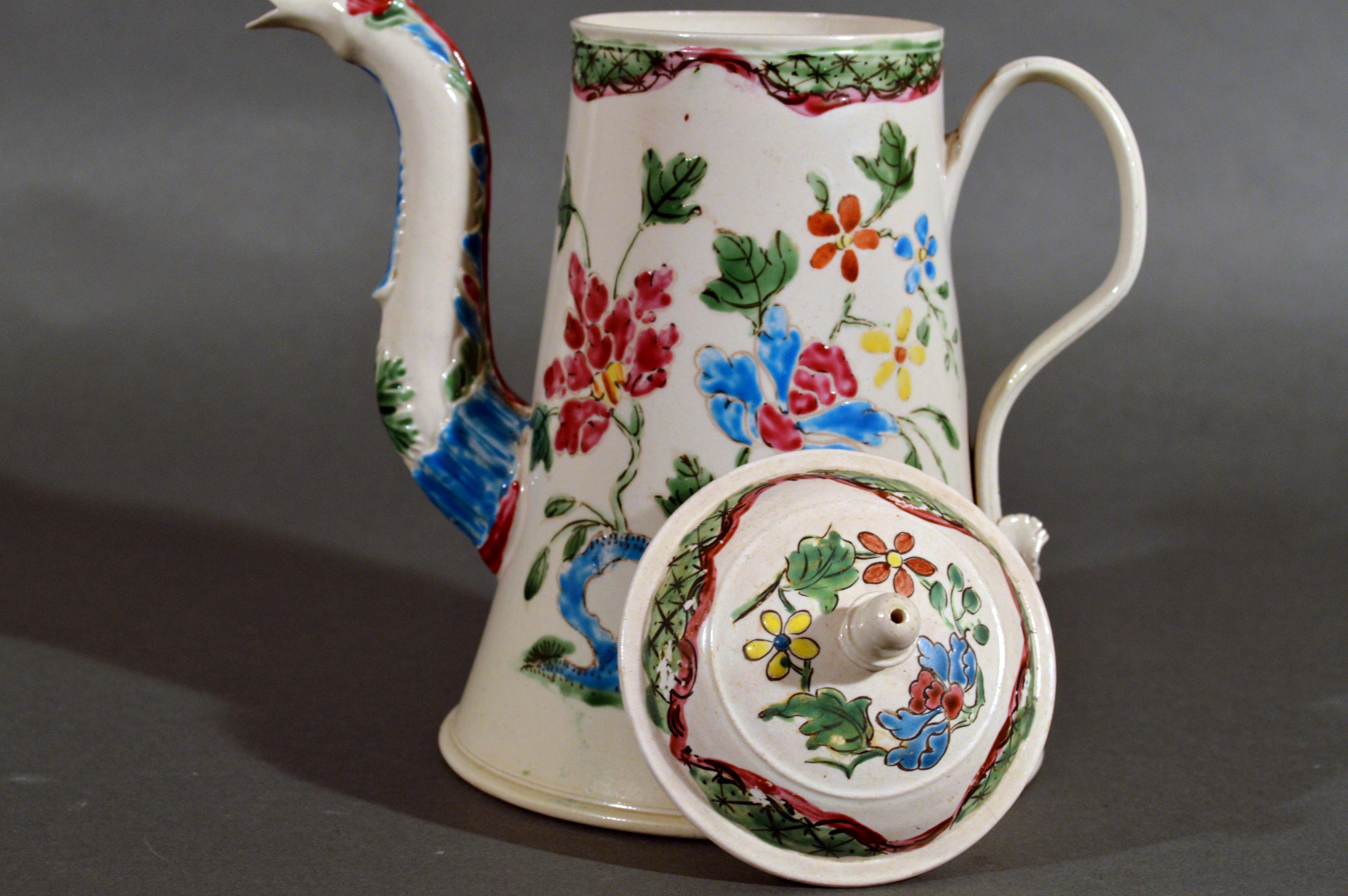 Staffordshire Enameled Salt glaze Stoneware Chinoiserie Coffee Pot & Cover, Cir In Good Condition In Downingtown, PA