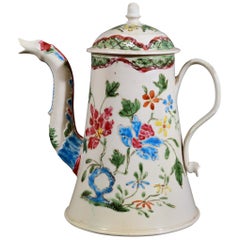 Antique Staffordshire Enameled Salt glaze Stoneware Chinoiserie Coffee Pot & Cover, Cir