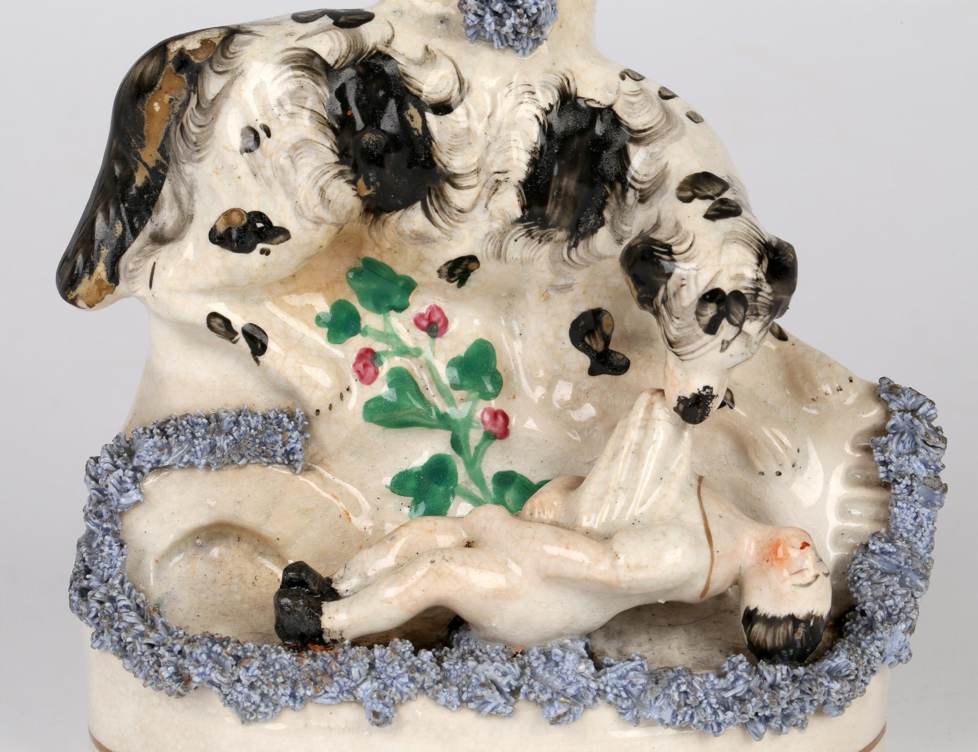 Vase de déversement en poterie anglaise du Staffordshire représentant un chien sauvant un garçon qui flotte en vente 4