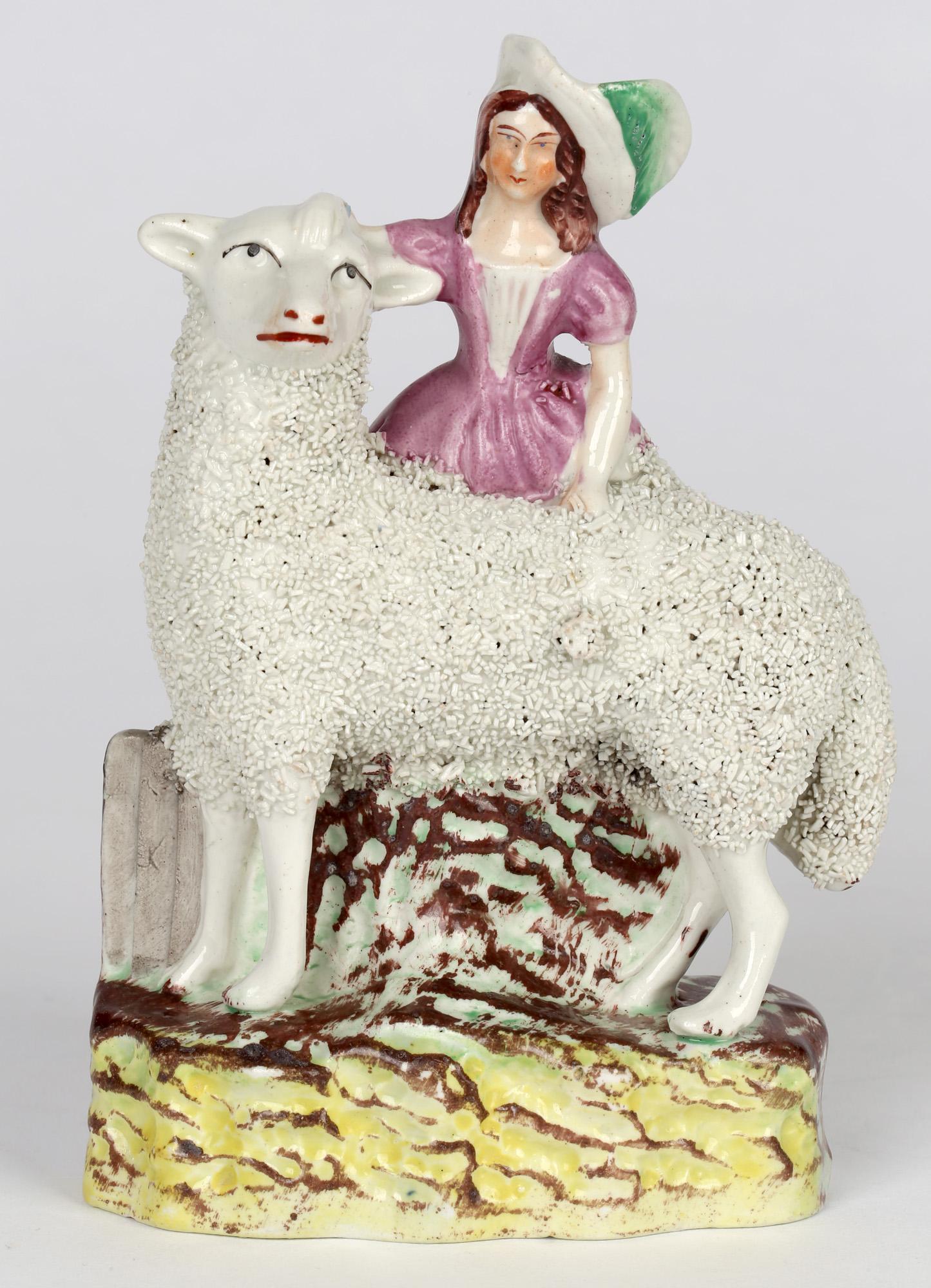 Staffordshire English Pottery Figure of a Girl with a Large Sheep For Sale 1