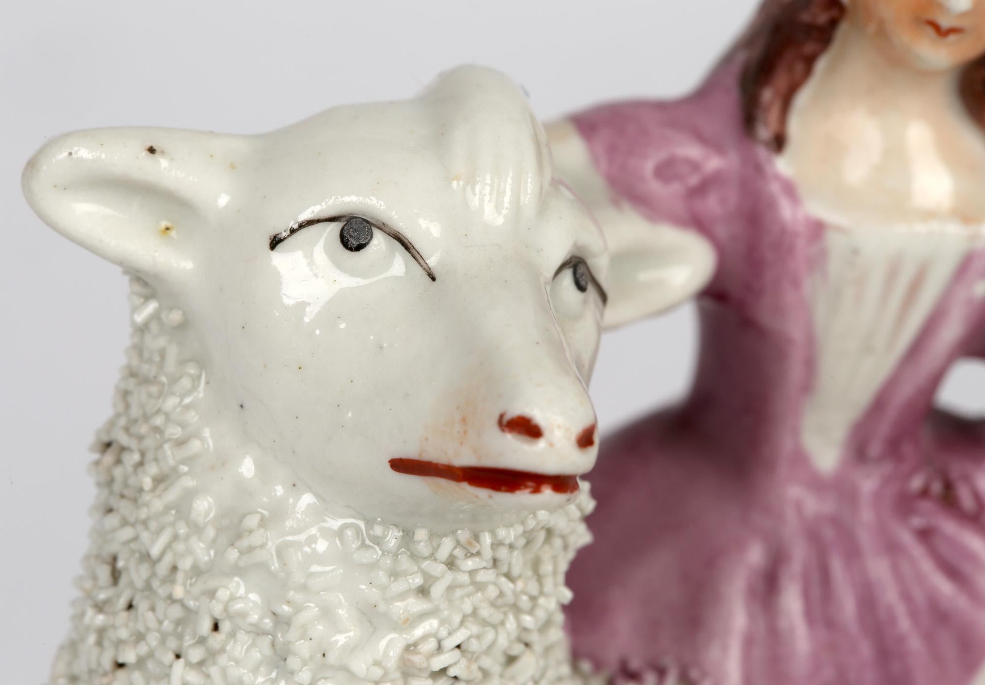 Staffordshire English Pottery Figure of a Girl with a Large Sheep 2