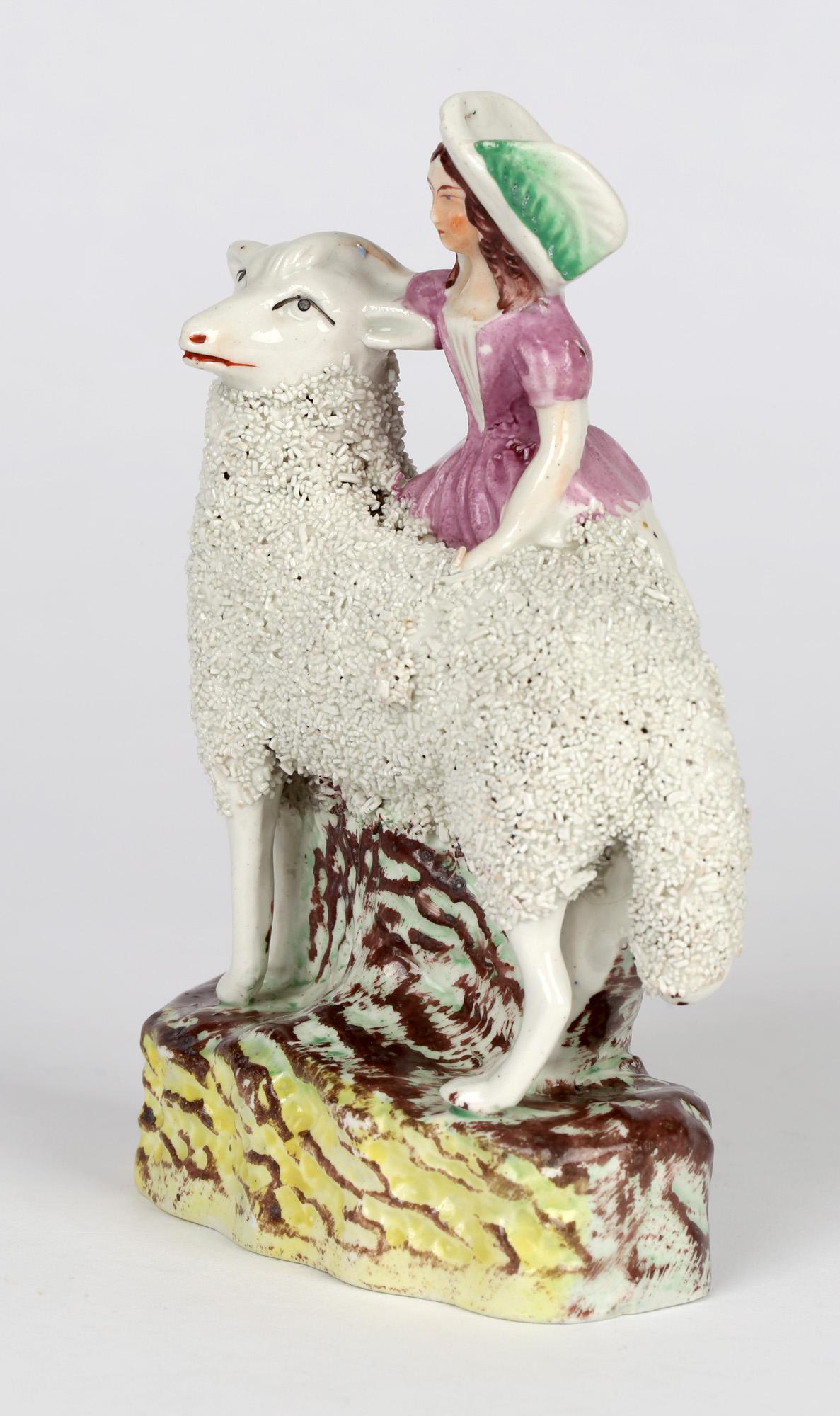 Staffordshire English Pottery Figure of a Girl with a Large Sheep In Good Condition For Sale In Bishop's Stortford, Hertfordshire