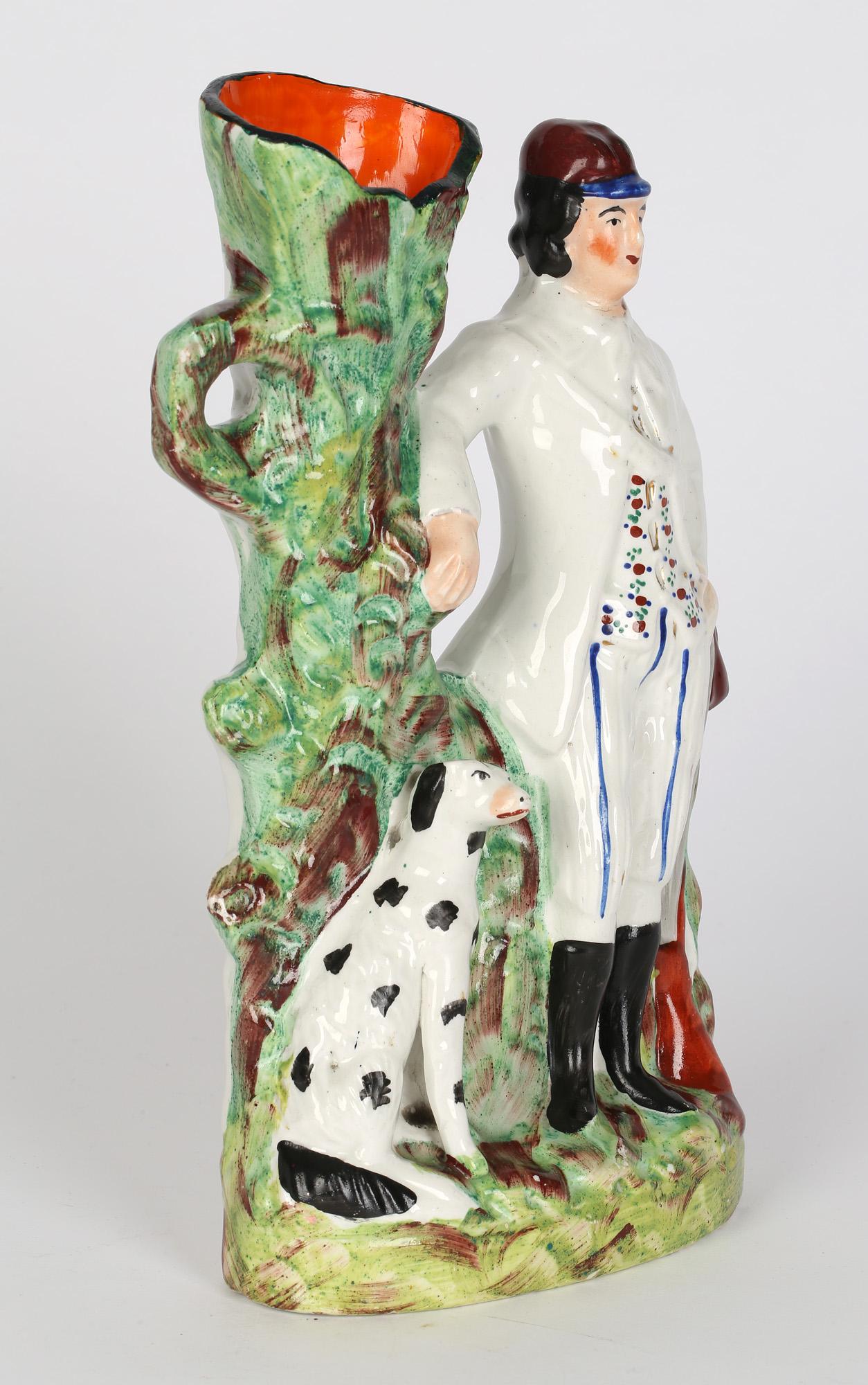 Hand-Crafted Staffordshire English Pottery Gamekeeper and Dalmatian Dog Spill Vase