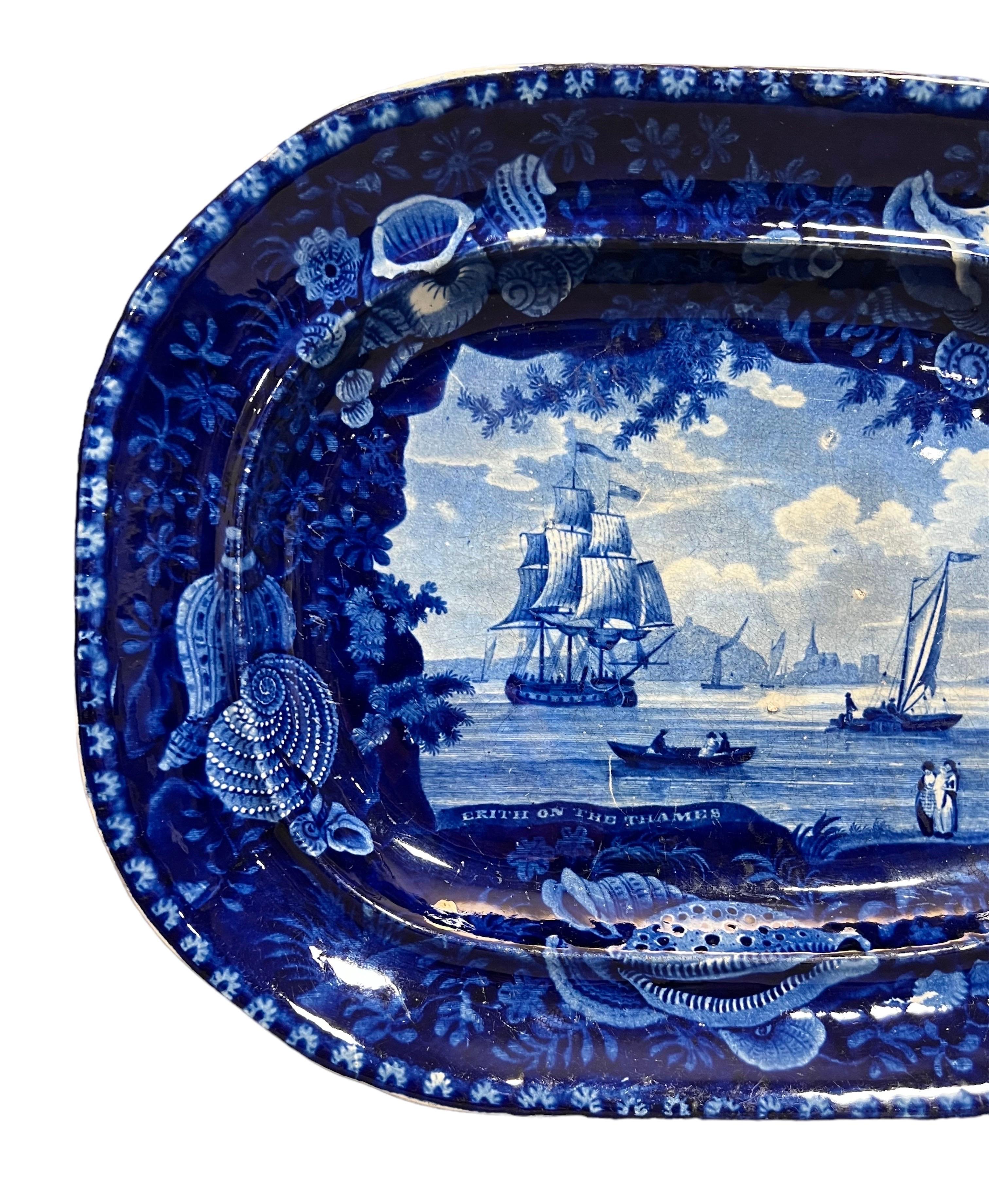 Early Victorian Staffordshire English View / Nautical Motif Transfer-Printed Ceramic Platter For Sale