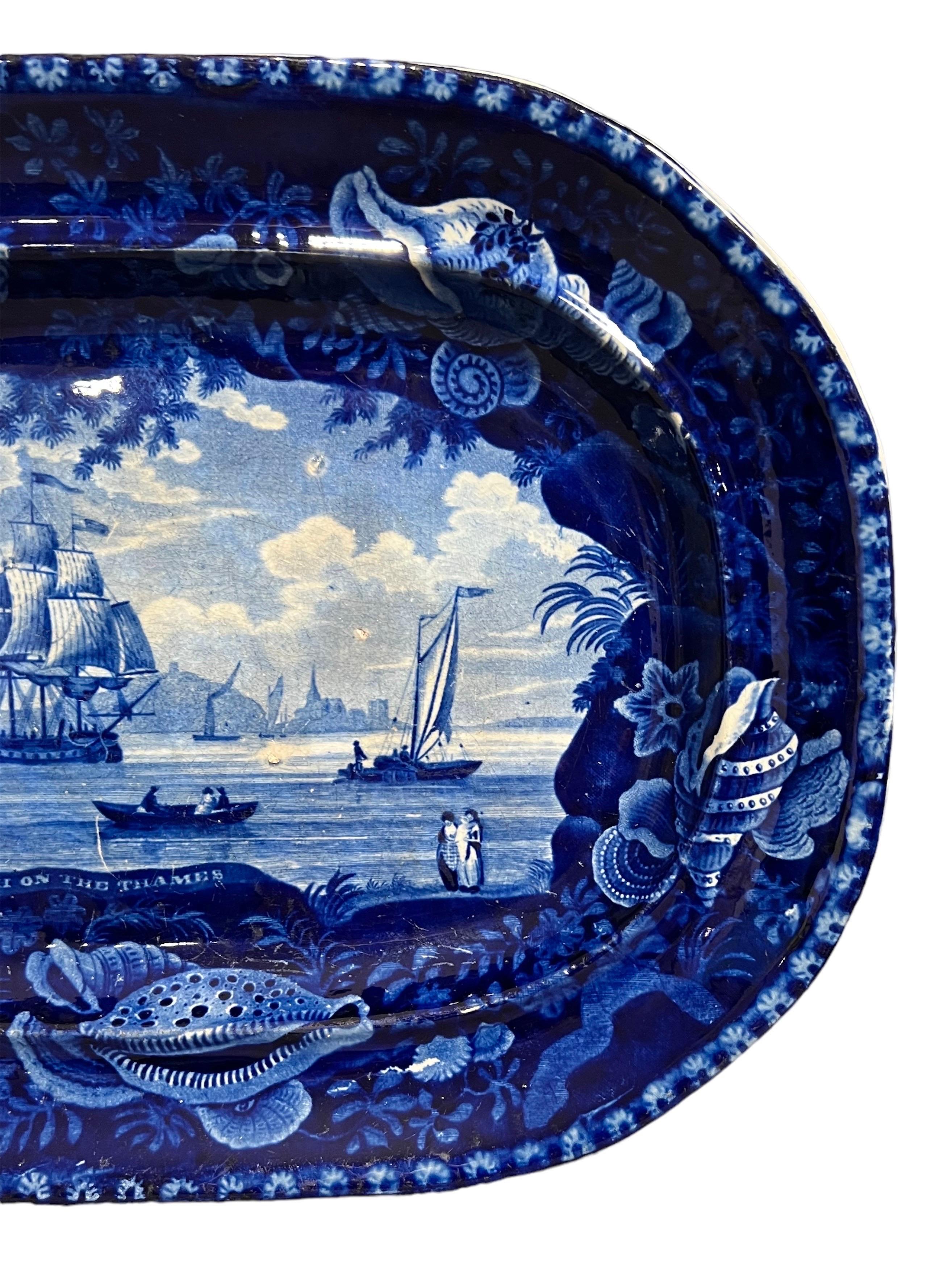 Glazed Staffordshire English View / Nautical Motif Transfer-Printed Ceramic Platter For Sale