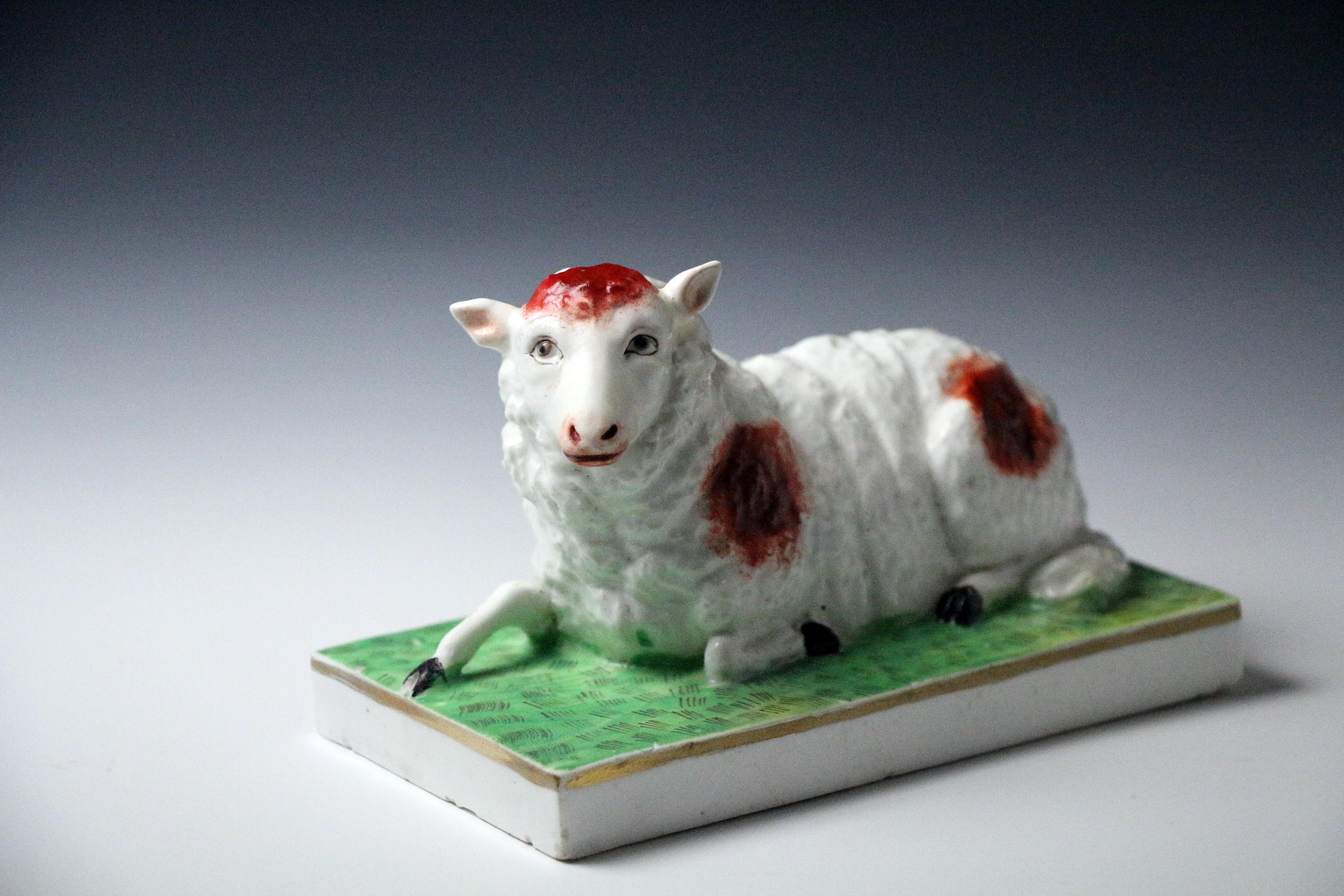 Dated: 1825-1830 Staffordshire England

A porcelain figure of a ewe recumbent on a grassy oblong base. The figure is of exceptional quality and surprisingly weighty.

Dimensions: 3 inches high, 5 inches wide, 2.75 inches long

Current