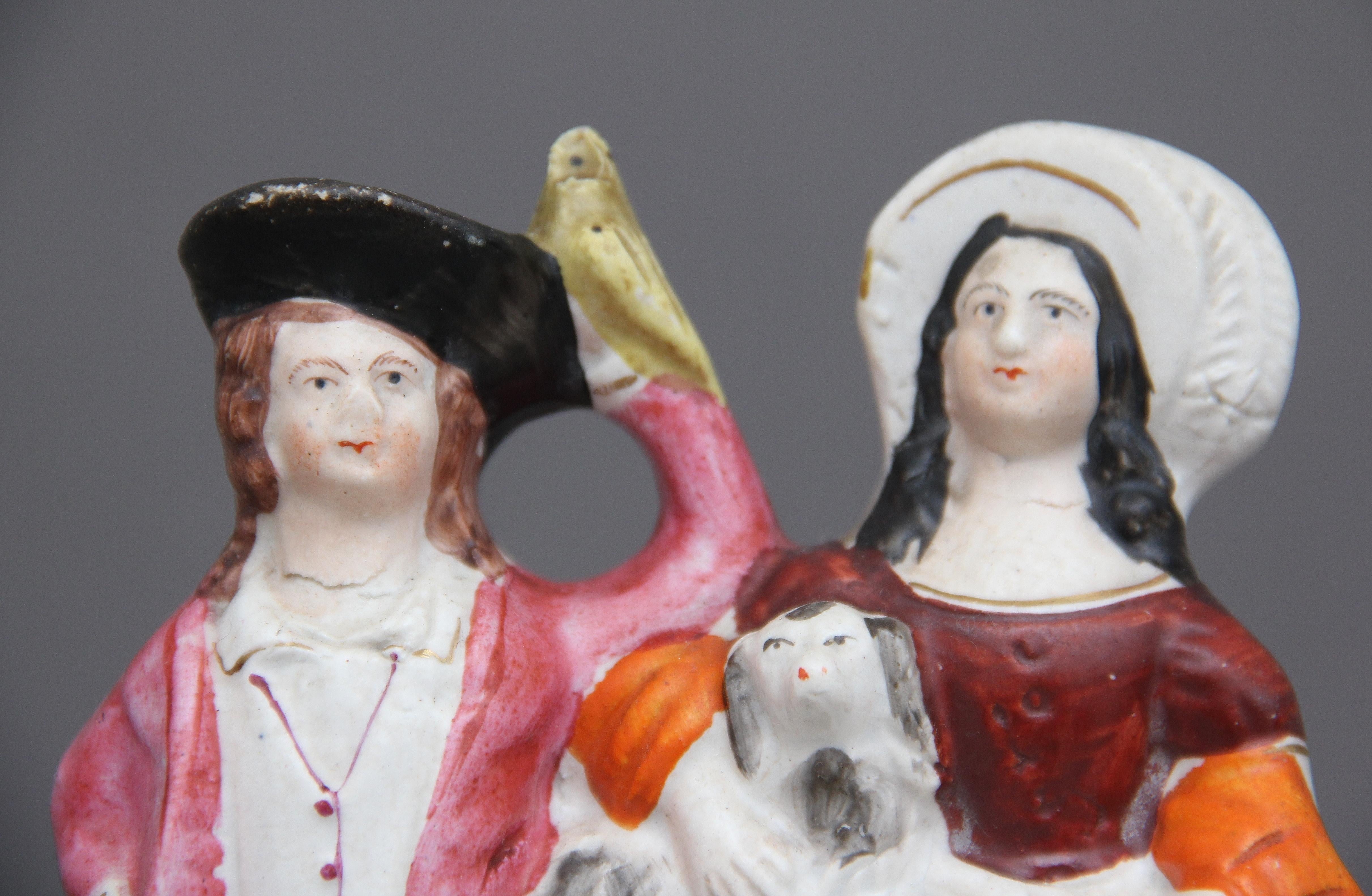 Staffordshire Figure of a Man, Woman and Swan In Fair Condition In Martlesham, GB