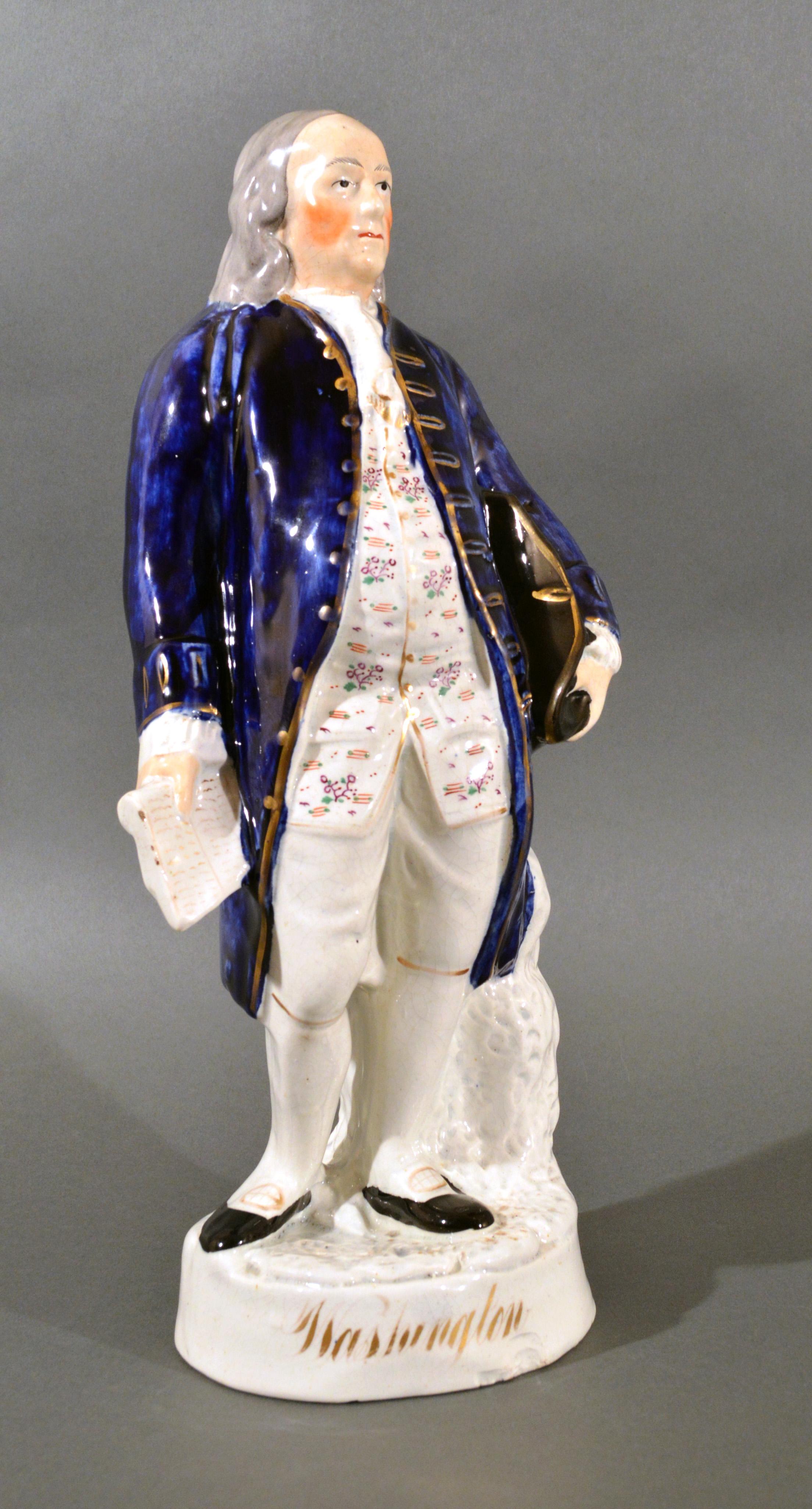 Large Staffordshire figure of Benjamin Franklin but named Washington for George Washington,
mid-19th century

The large Staffordshire pottery figure depicts an elegant standing figure with the name 