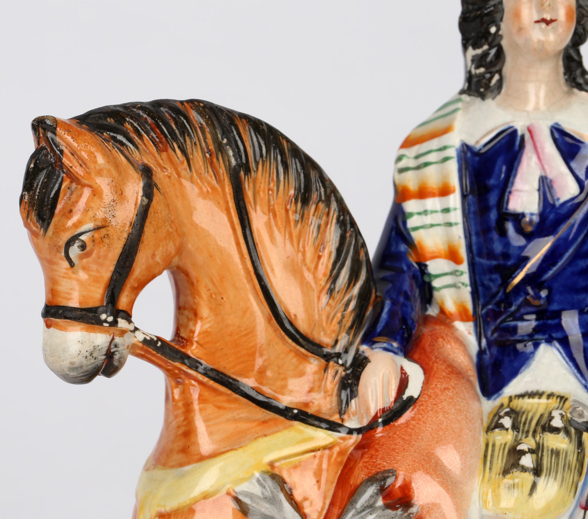Early Victorian Staffordshire Flatback Pottery Scottish Hunter Figure on Horseback