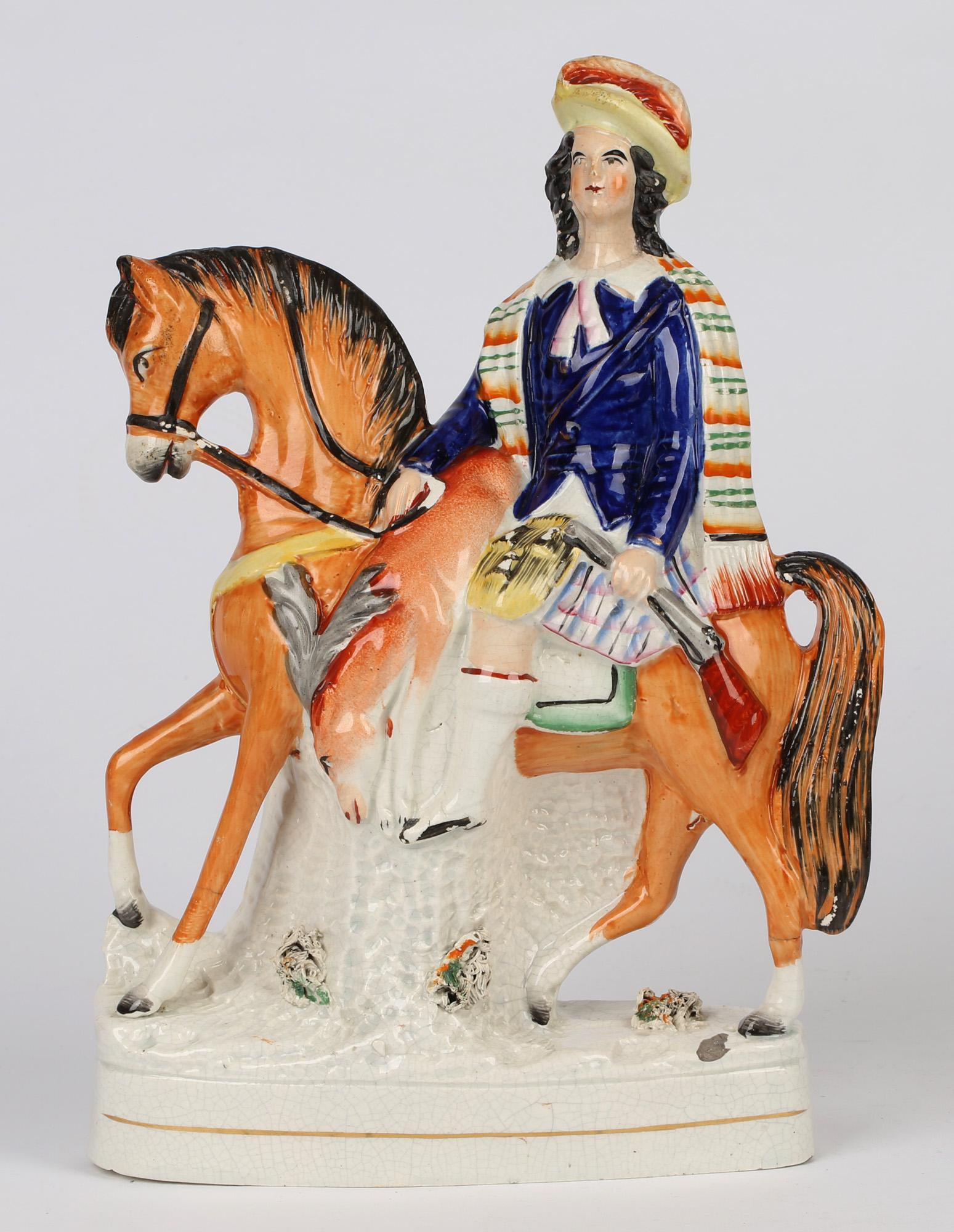 Staffordshire Flatback Pottery Scottish Hunter Figure on Horseback In Fair Condition In Bishop's Stortford, Hertfordshire