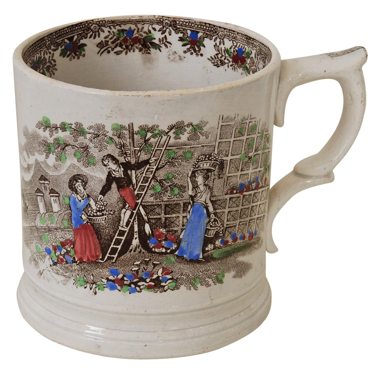 English Staffordshire Frog Mug with Hand Colored Garden Scenes, 19th Century