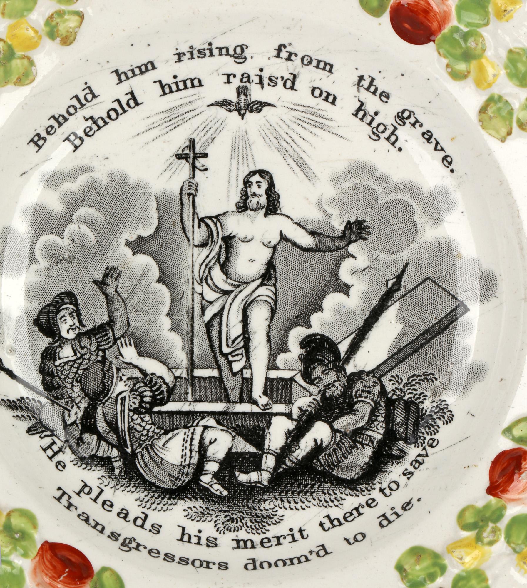 Staffordshire, georgianische Kinderteller aus georgianischem Perlmutt mit religiösem Druck und Verse (George III.) im Angebot