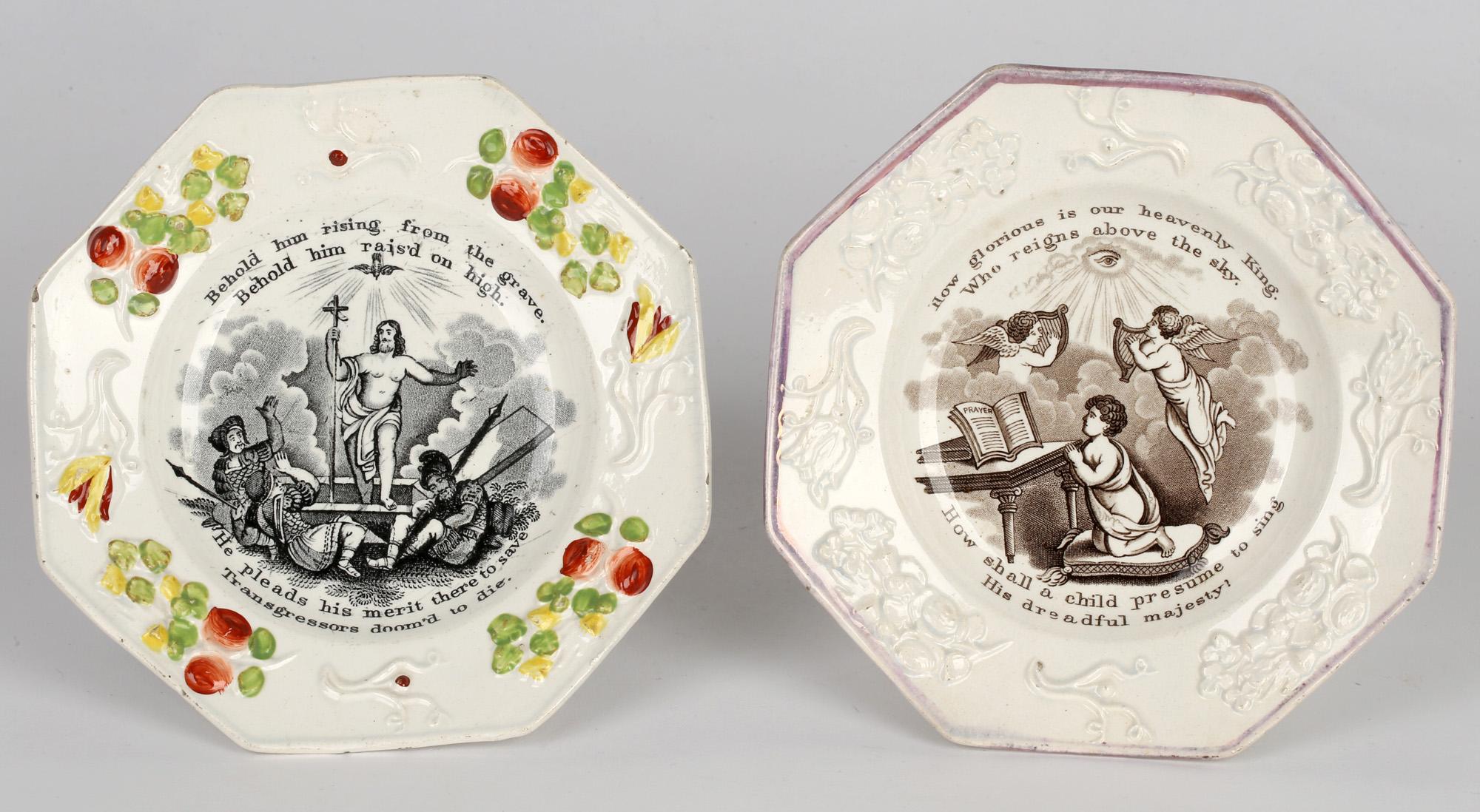 Pottery Staffordshire Georgian Two Pearlware Religious Printed Childs Plates with Verse For Sale
