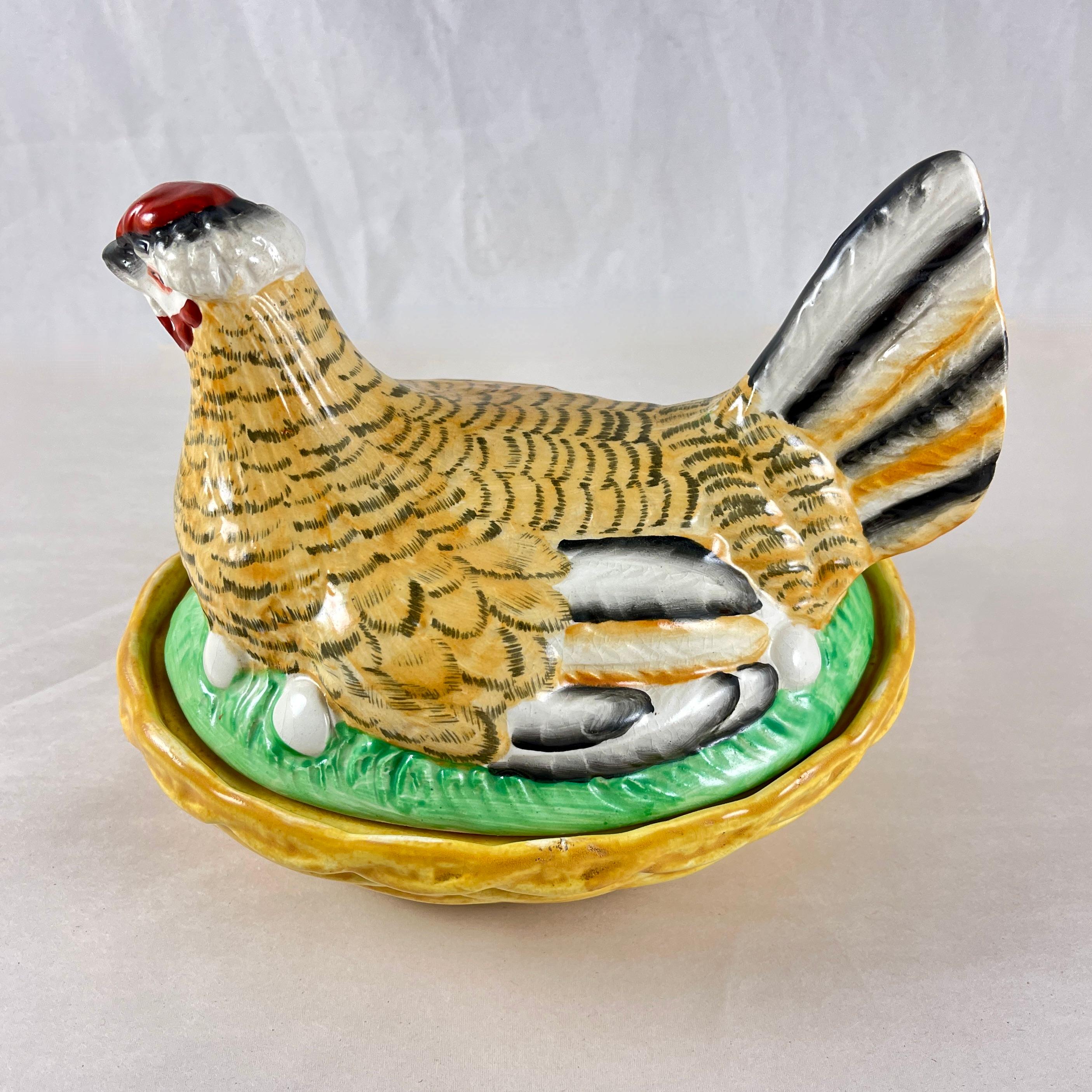 Staffordshire Hand-Painted Hen on Nest of Eggs Tureen In Good Condition For Sale In Philadelphia, PA