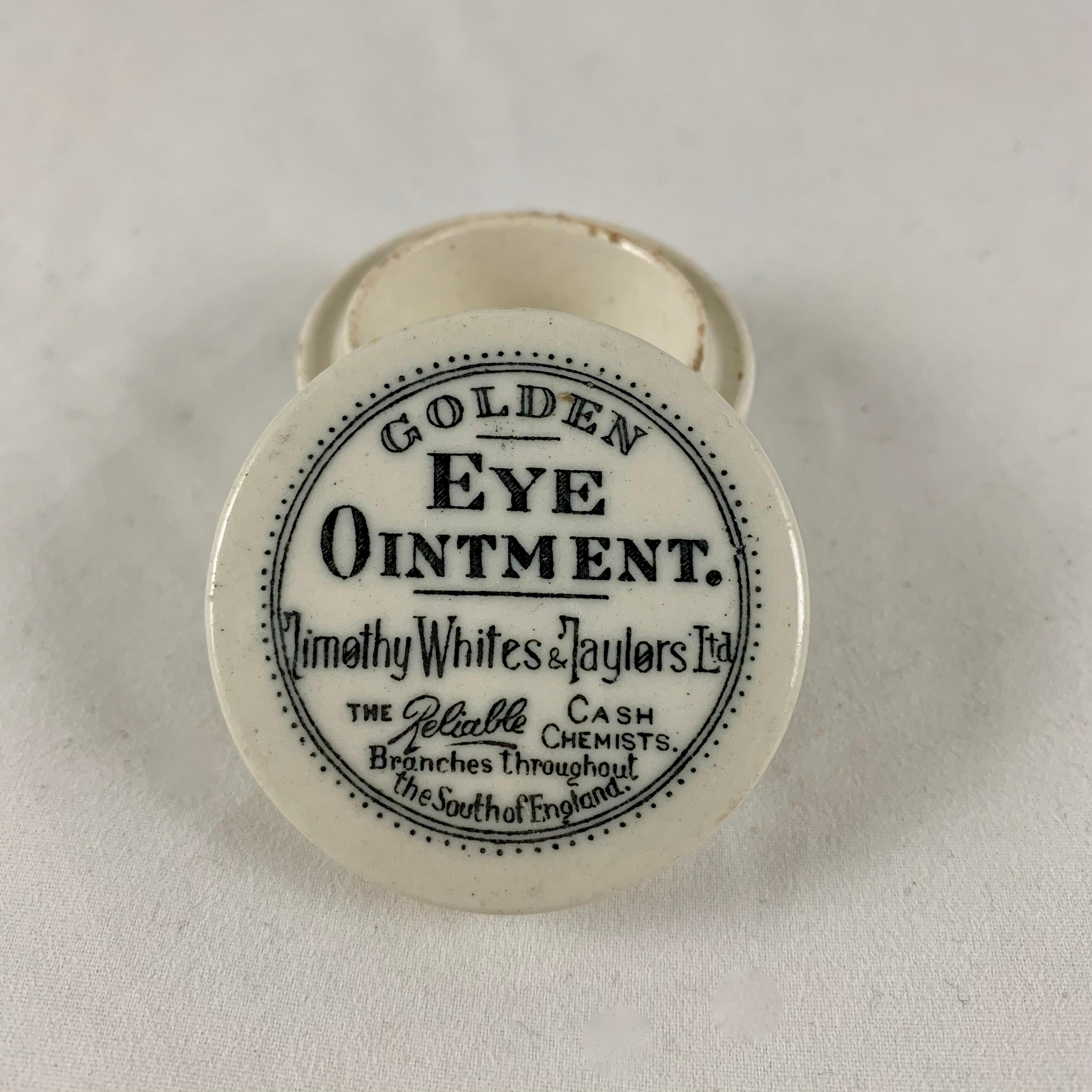 A transfer printed covered ceramic earthenware container from the Victorian Era, Staffordshire, England, circa 1880, which contained a salve claiming to cure all sorts of eye related maladies.

The lid of this pot reads:
Golden Eye Ointment