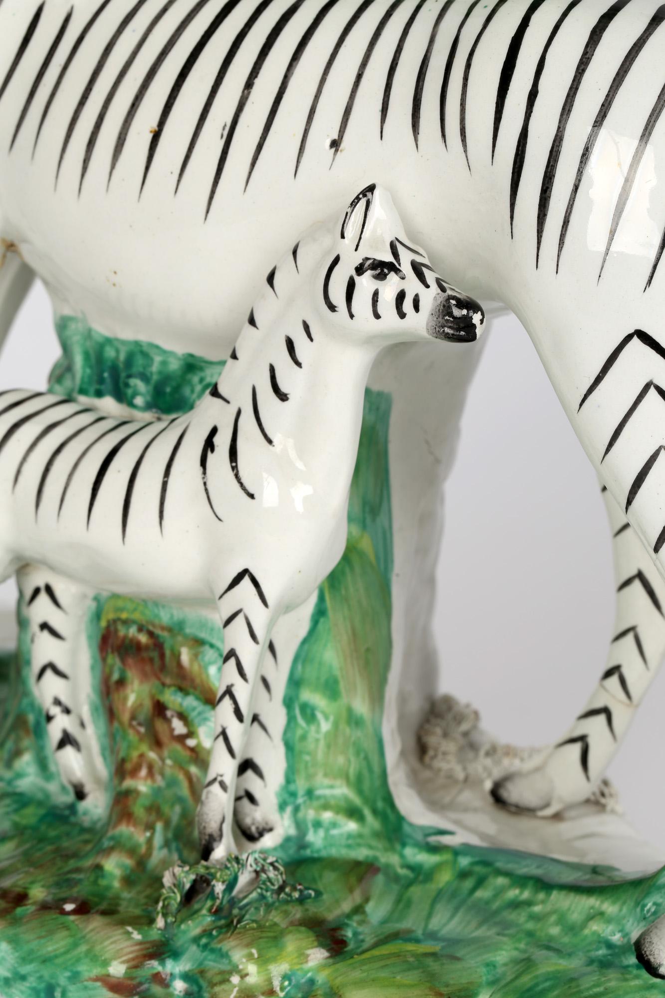 Hand-Painted Staffordshire Large Rare Zebra and Foal Pottery Spill Vase