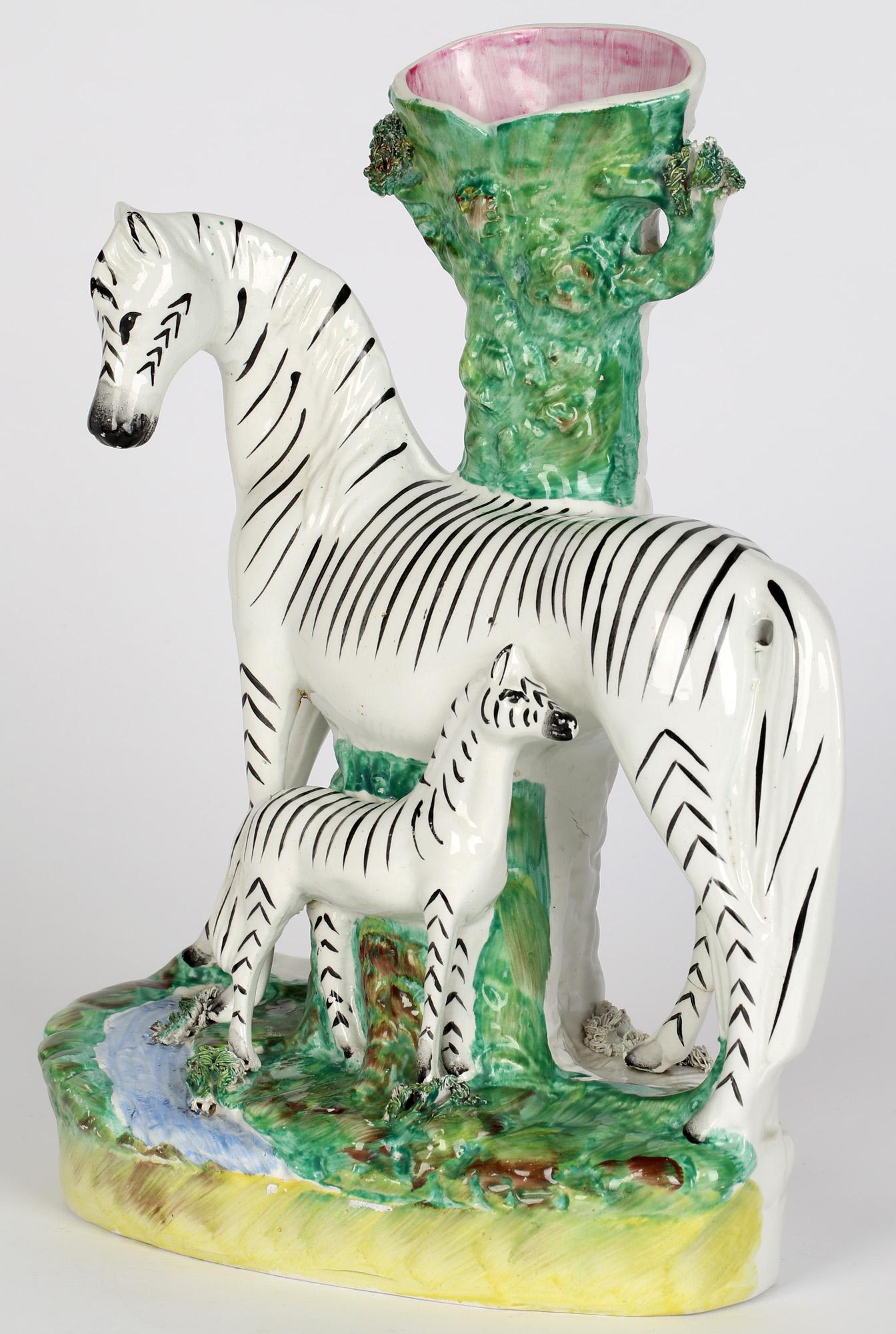 Staffordshire Large Rare Zebra and Foal Pottery Spill Vase In Good Condition In Bishop's Stortford, Hertfordshire