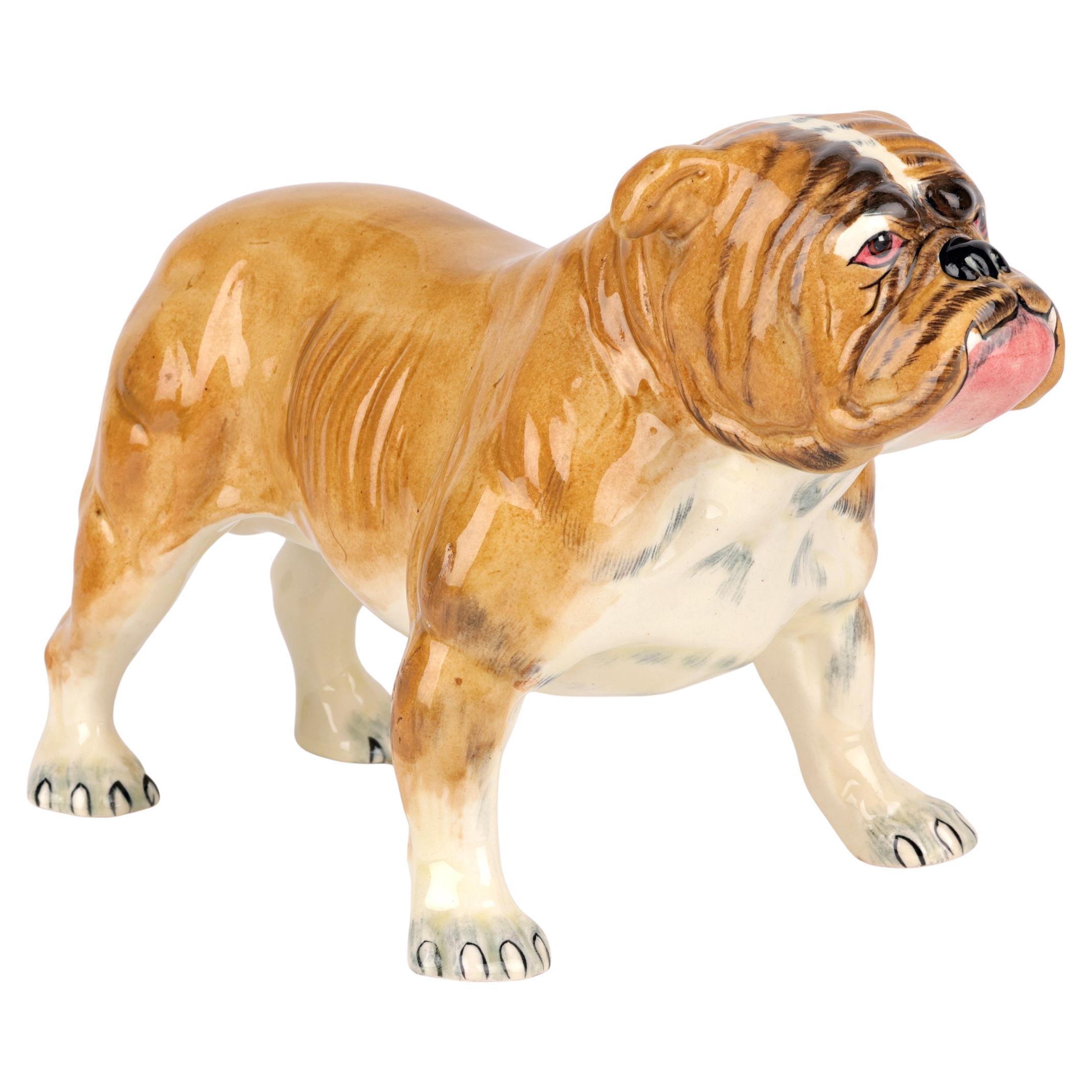Figura di bulldog inglese in ceramica dipinta a mano dello Staffordshire della metà del secolo scorso