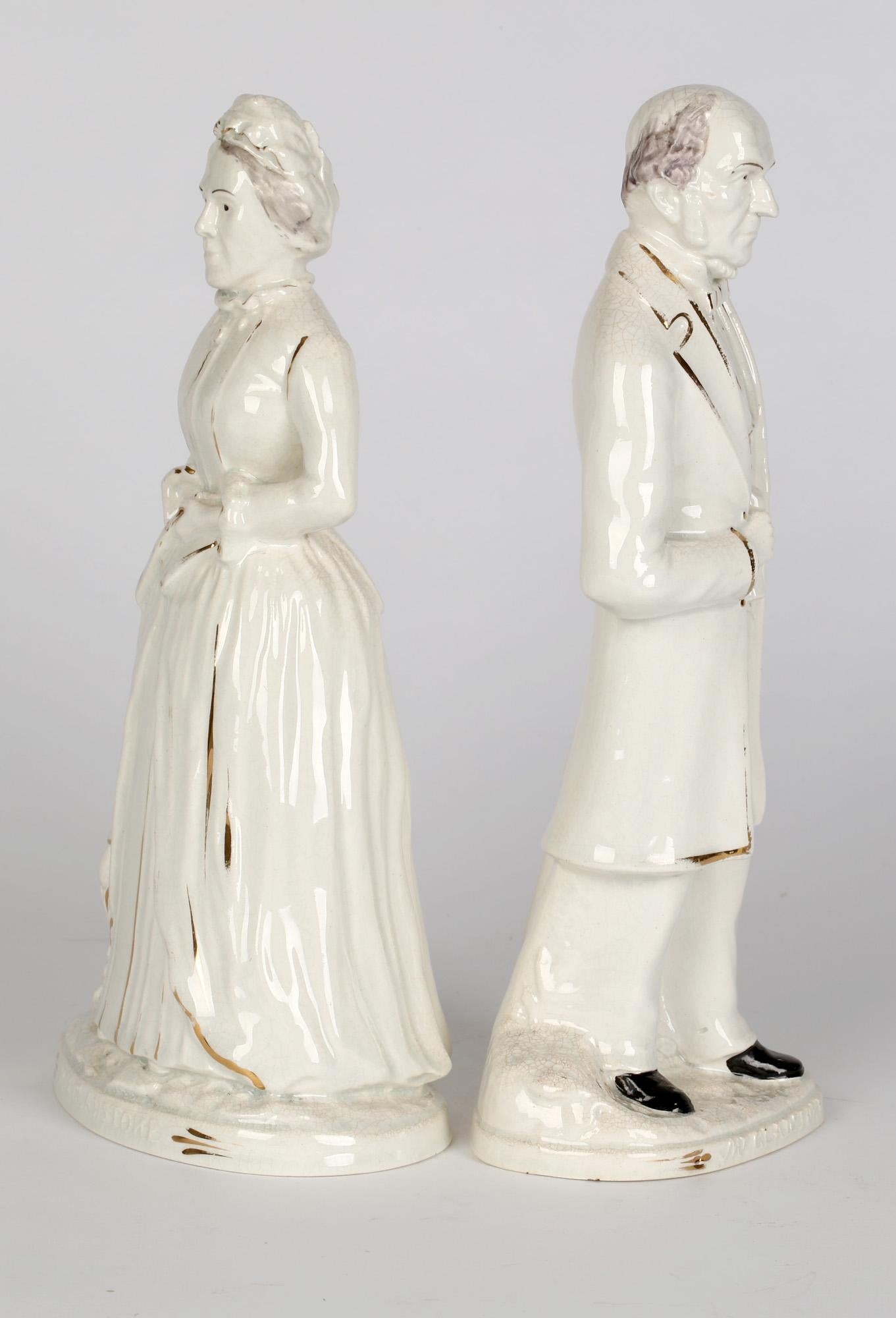 Glazed Staffordshire Mr & Mrs Gladstone Pair Political Portrait Pottery Figures For Sale