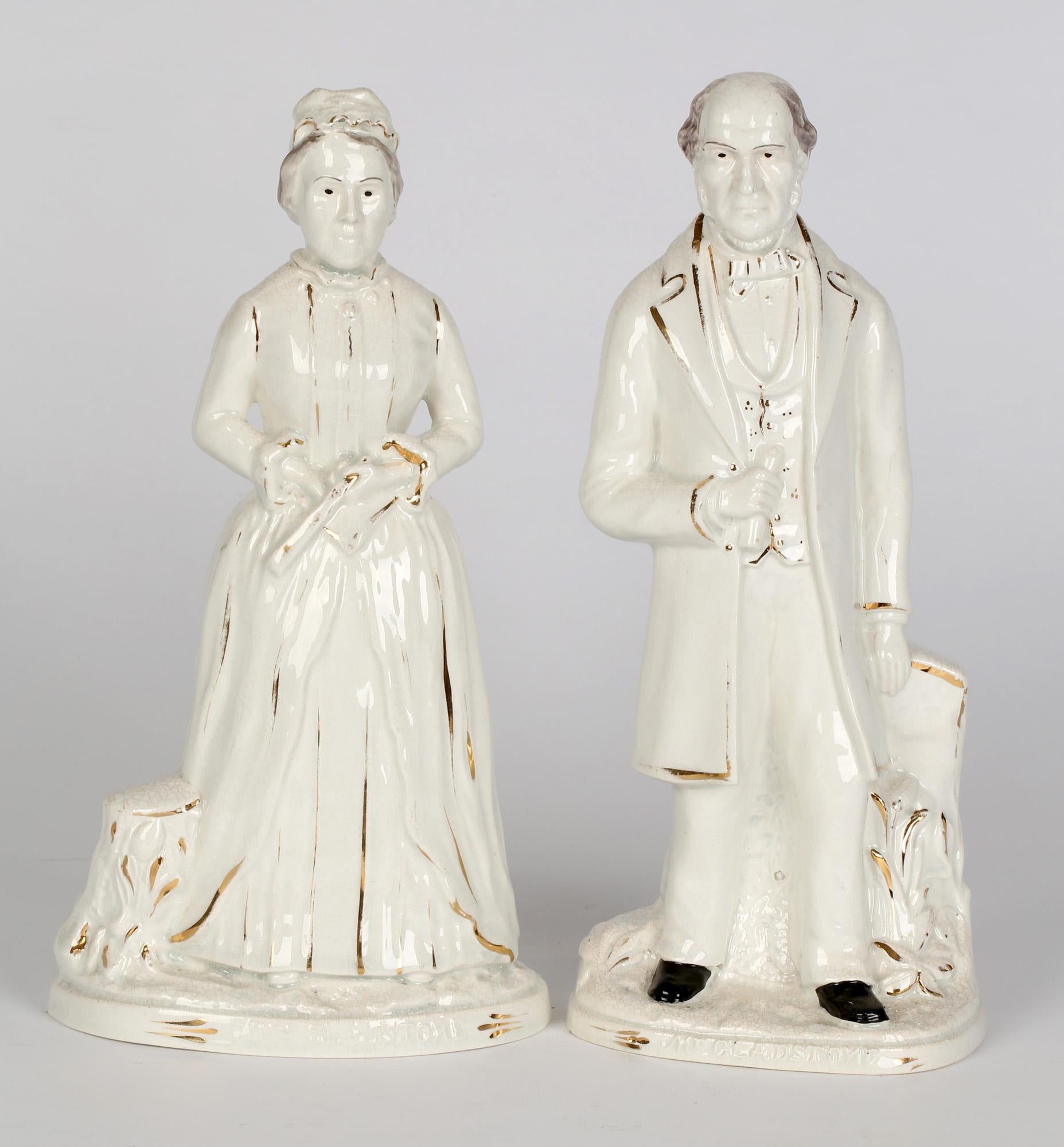 19th Century Staffordshire Mr & Mrs Gladstone Pair Political Portrait Pottery Figures For Sale